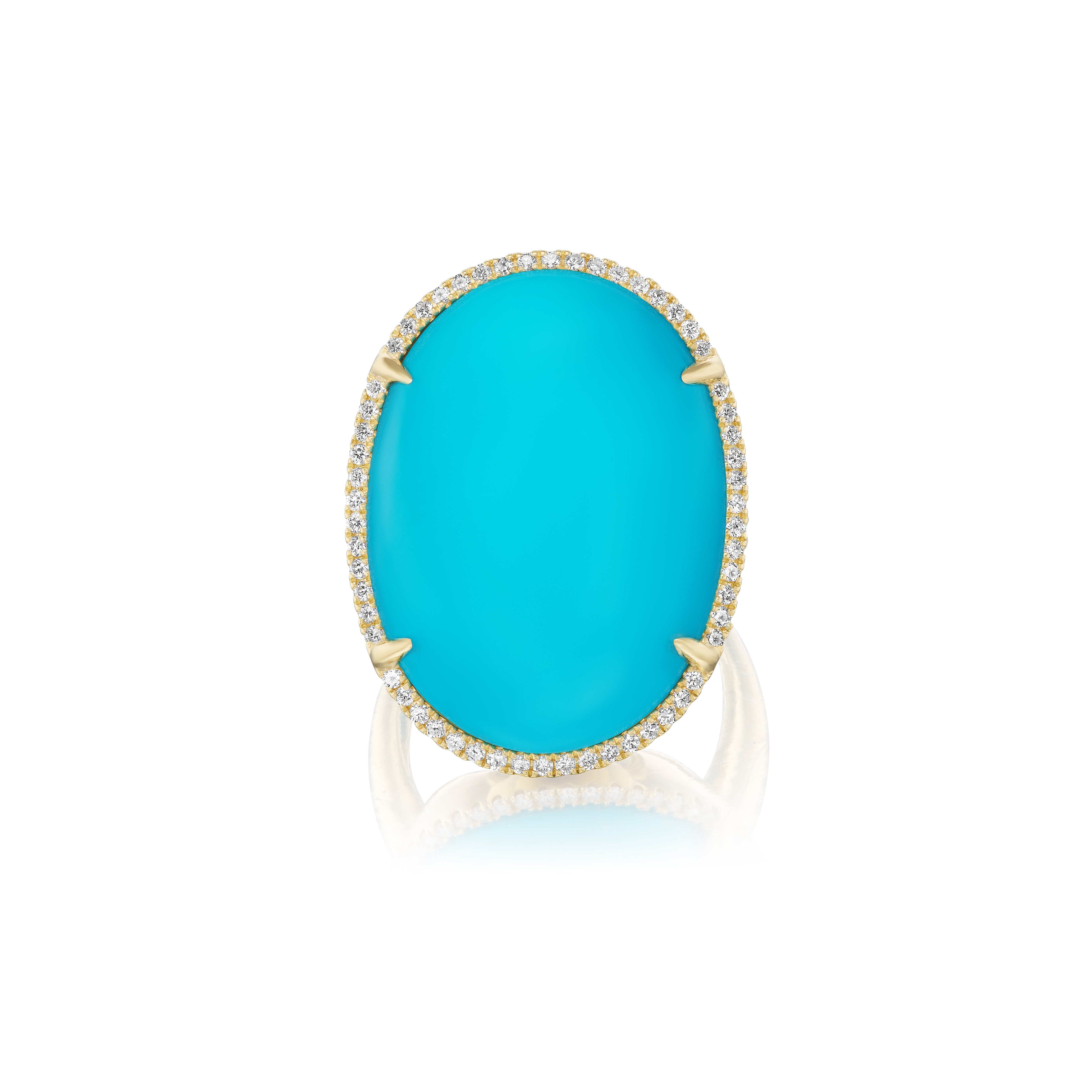 This one-of-a-kind ring features a 25 carat natural turquoise that was hand-set into an 18k yellow gold and pave-set border of white diamonds. This statement ring is part of our TG Exclusives Collection, Irene Neuwirth gumdrop gem