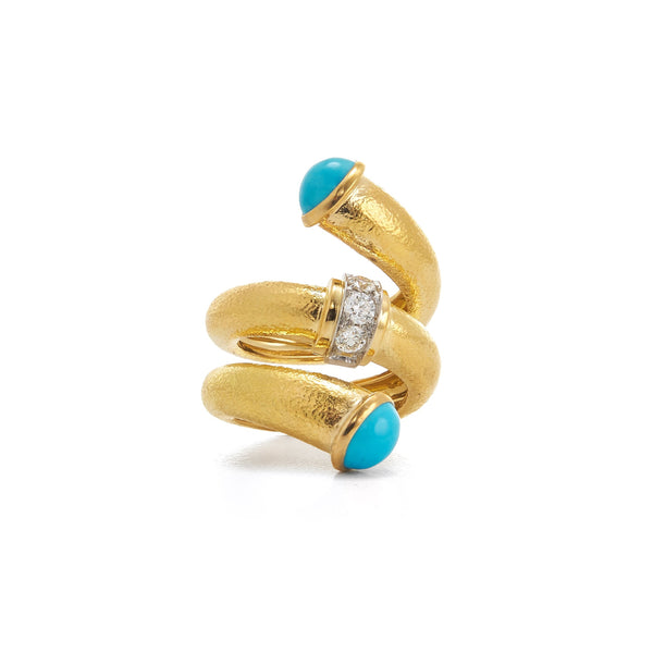 18k yellow gold and platinum hammered turquoise and diamond pipe ring by David Webb Tiny Gods