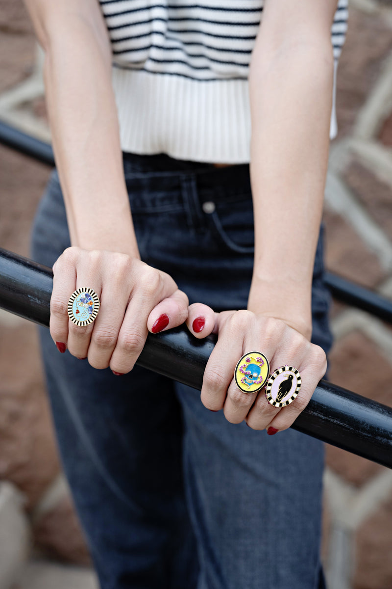 18k yellow gold turquoise lady ring with enamel face statement ring black and white by Holly Dyment Tiny Gods