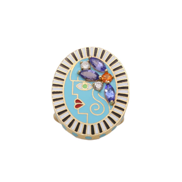 18k yellow gold turquoise lady ring with enamel face statement ring black and white by Holly Dyment Tiny Gods