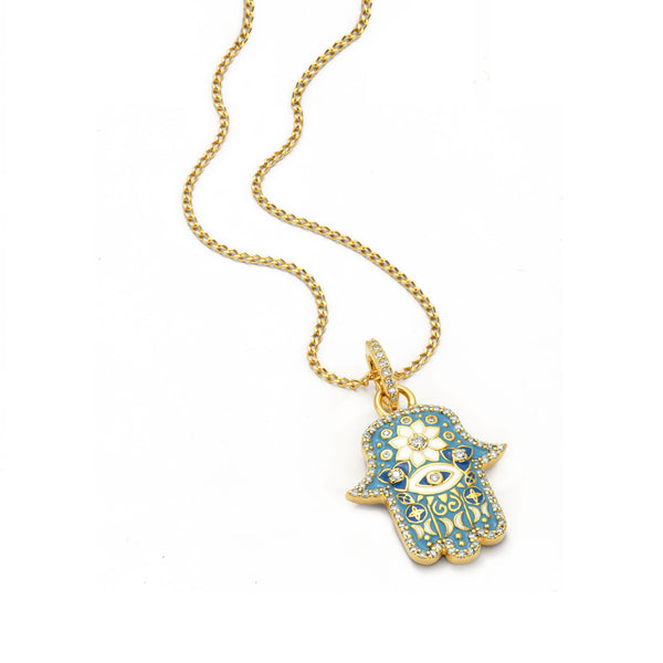 20k yellow gold small sky blue, turquoise and white enamel diamond hamsa pendant by Buddha Mama Tiny Gods