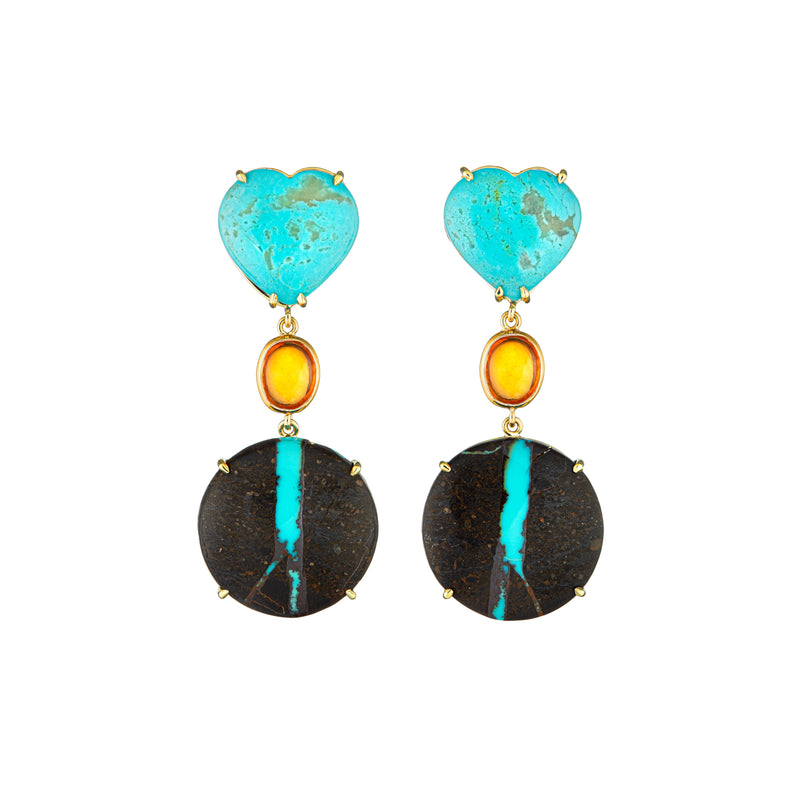 18k yellow gold turquoise heart disc earrings by Guitar M Tiny Gods