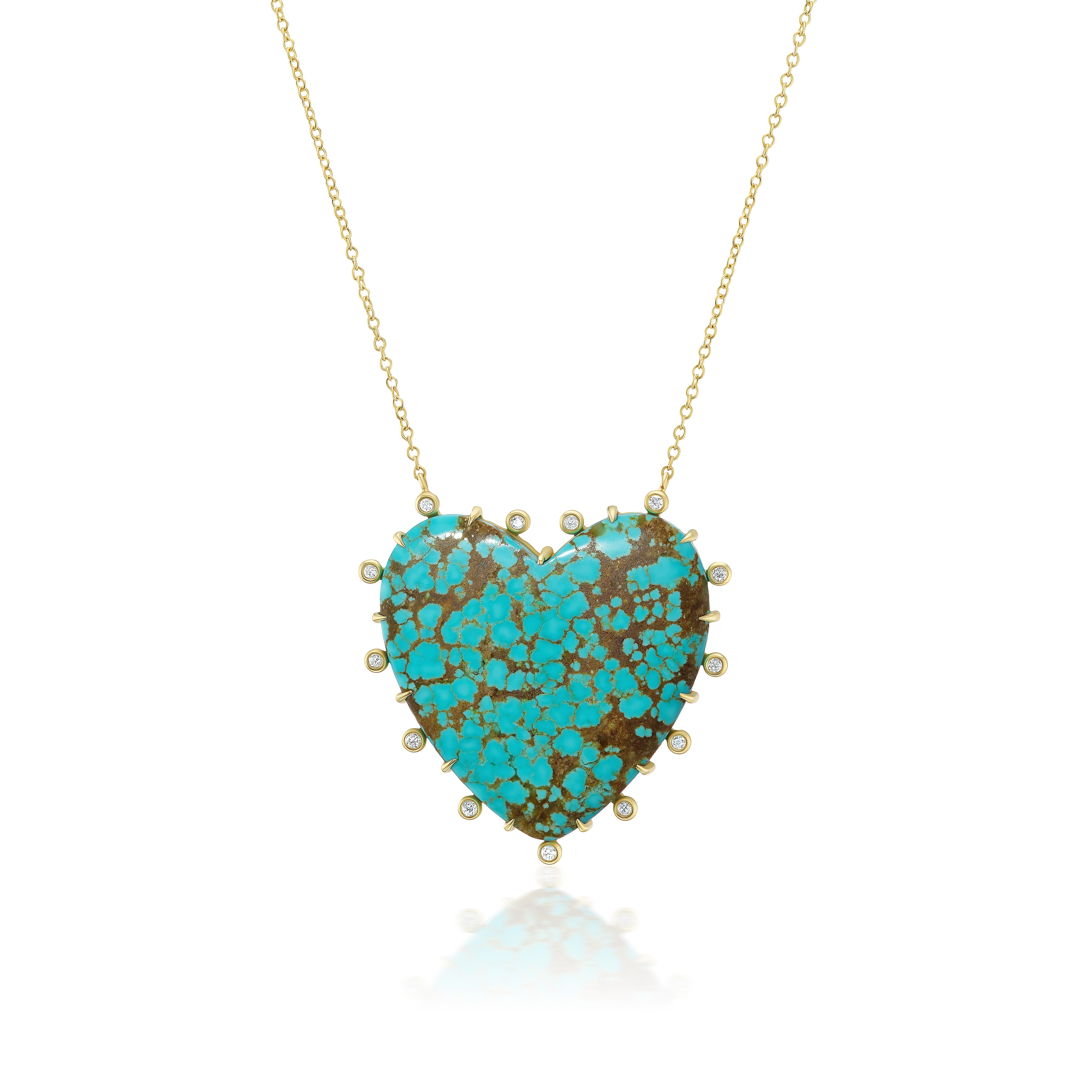 18k yellow gold turquoise heart pendant with diamond border by Suzy Landa Tiny Gods 