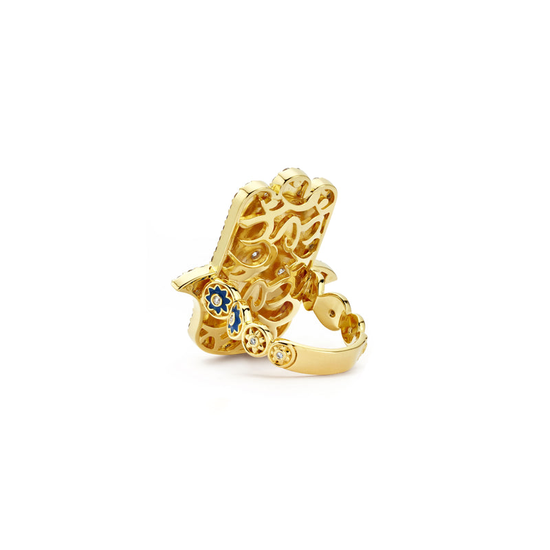 20k yellow gold sky blue, navy blue and white enamel hamsa ring with diamonds by Buddha Mama Tiny Gods