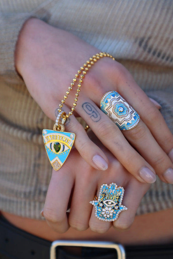 20k yellow gold sky blue, navy blue and white enamel hamsa ring with diamonds by Buddha Mama Tiny Gods