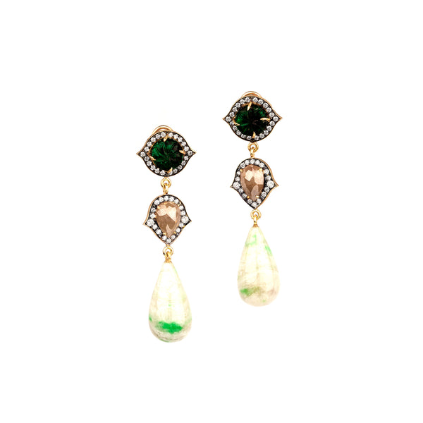18k yellow gold and black rhodium vesuvian drop earrings with diamonds and carved emerald by Sylva & Cie Tiny Gods