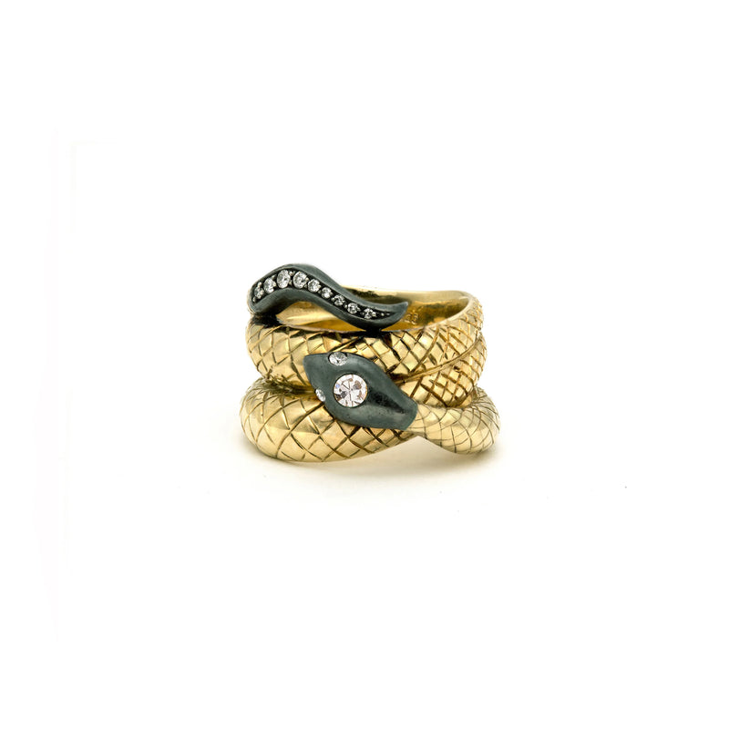 18k yellow gold and black rhodium diamond Victoria serpent ring by Sorellina Tiny Gods