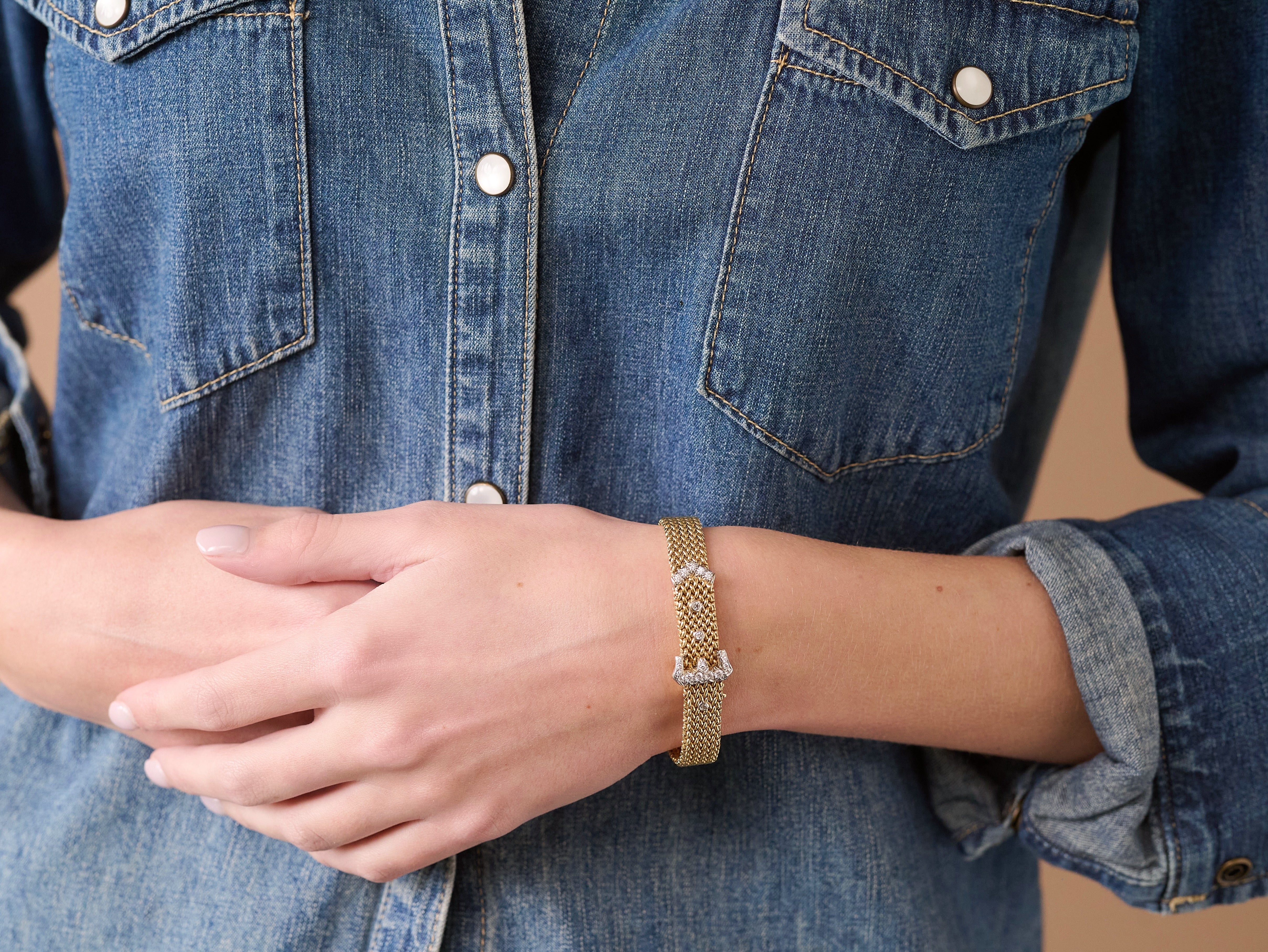 18k yellow gold diamond mesh chain link bracelet with diamond buckle and arrow diamond Tiny gods Vintage estate on model