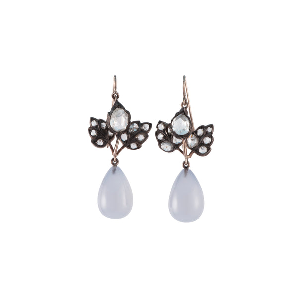 18k white gold rose cut diamond vintage Georgian leaf earrings with drops of chalcedony by Sylva & Cie Tiny Gods