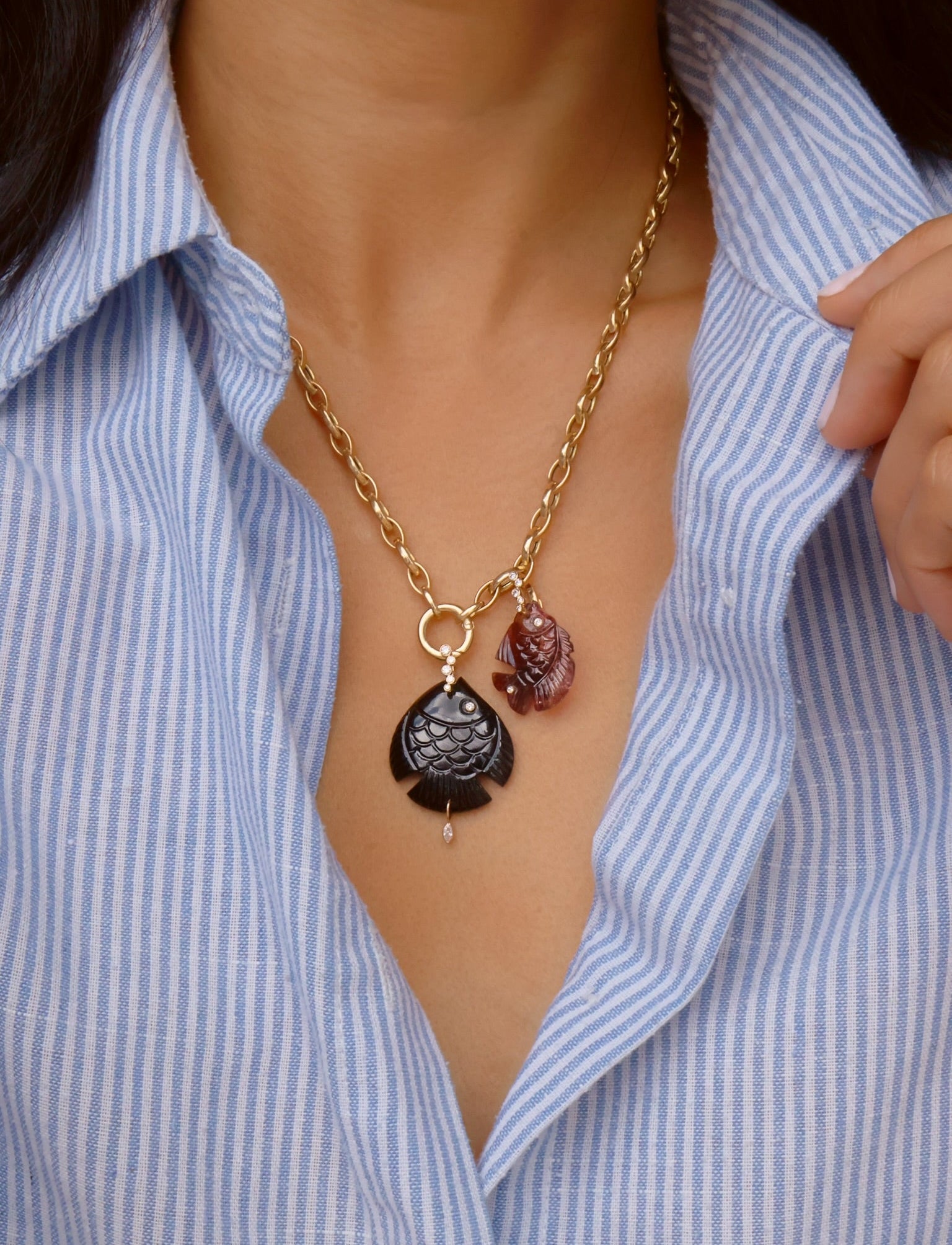 18k yellow gold diamond bubble bi colored pink carved fish tourmaline pendant by Violette Joaillarie Tiny Gods 