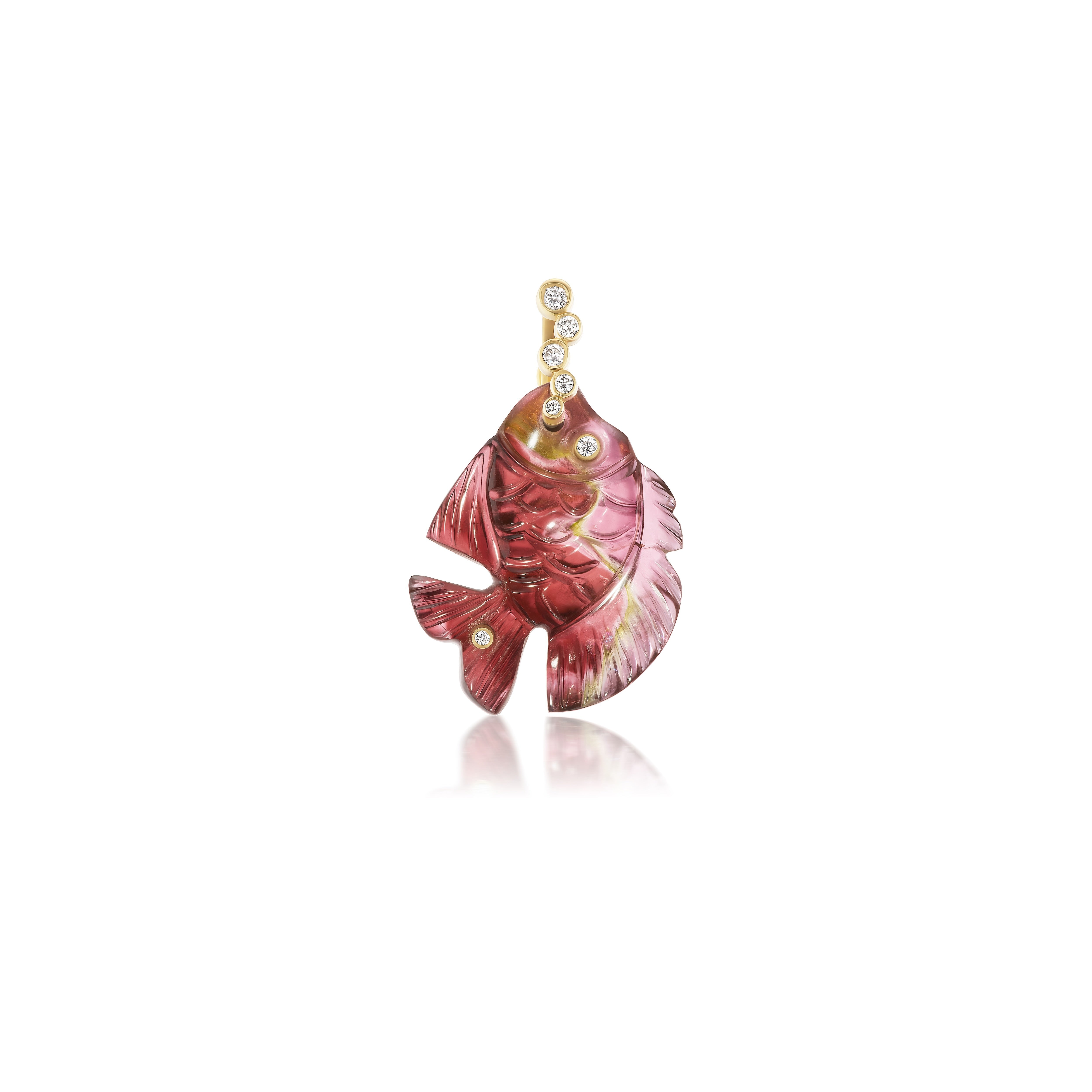 18k yellow gold diamond bubble bi colored pink carved fish tourmaline pendant by Violette Joaillarie Tiny Gods 