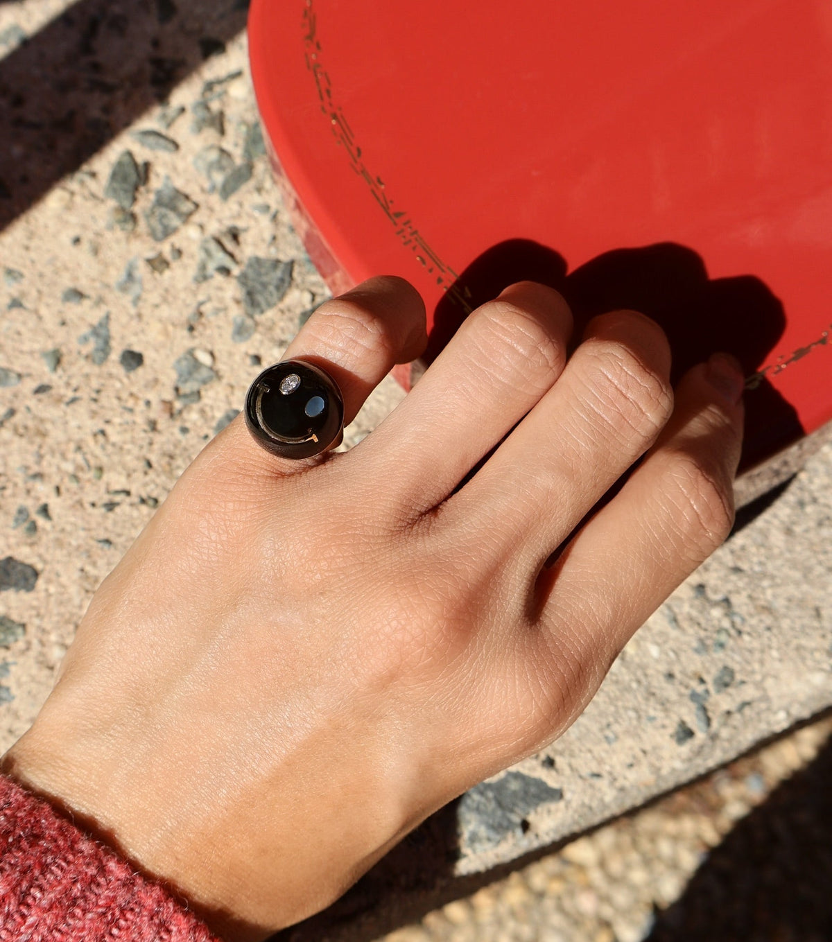 18k yellow gold diamond smiley happy face black onyx pinky ring by Violette Joaillerie