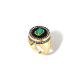 18k yellow gold Aebi enchantress voyager pinky signet ring with emerald, diamonds and onyx by State property Tiny Gods