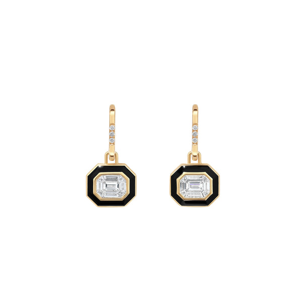 18k yellow gold cabot minor jet black pendant drop earrings with diamonds and black enamel by State Property Tiny Gods