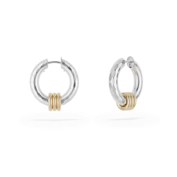 Sterling silver, 18k yellow and white gold hammered Ursa Minor SG Vulcan hoop earrings by Spinelli Kilcollin Tiny Gods