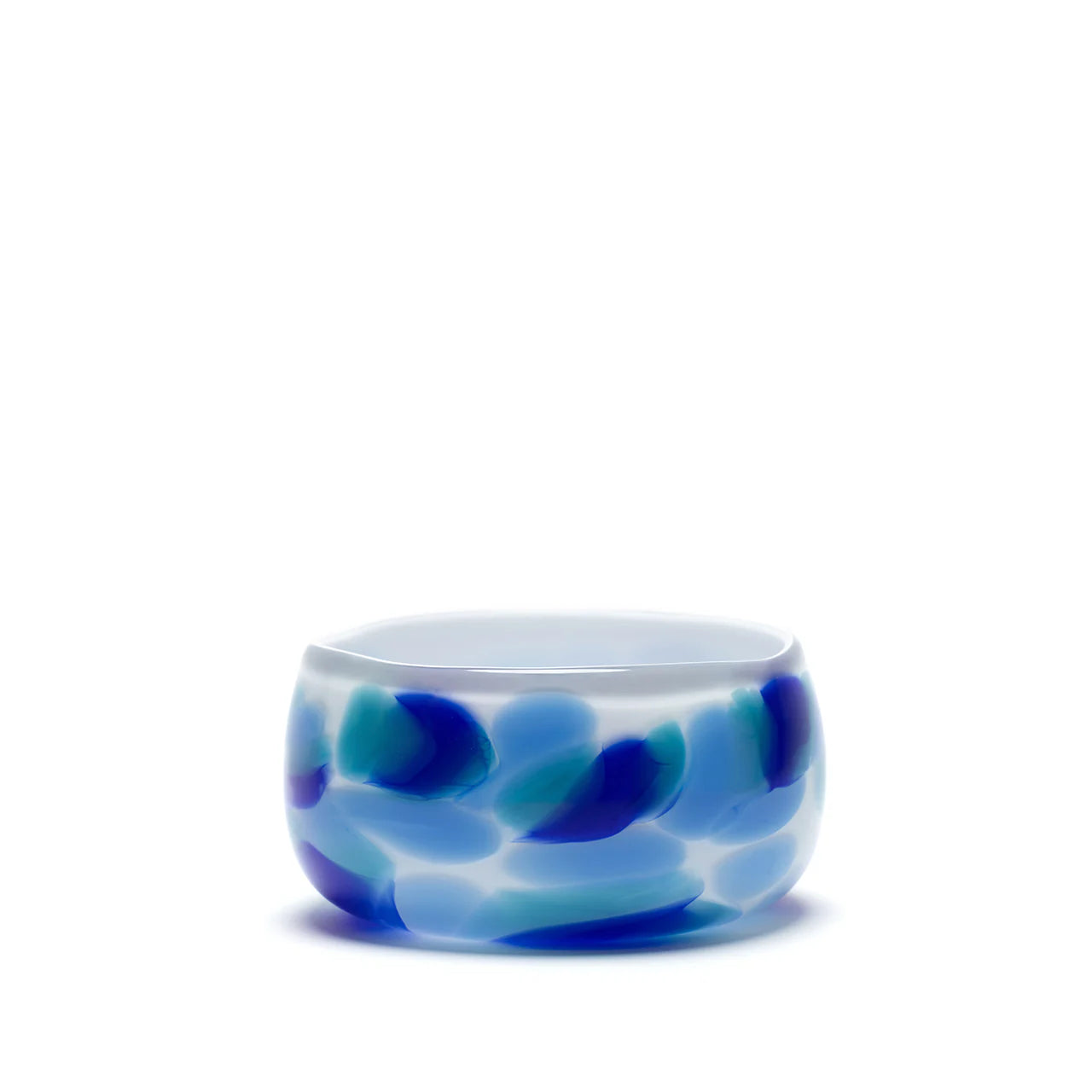 white hand blown glass bowl with navy blue, sky blue and teal strokes by Paul Arnhold Tiny Gods