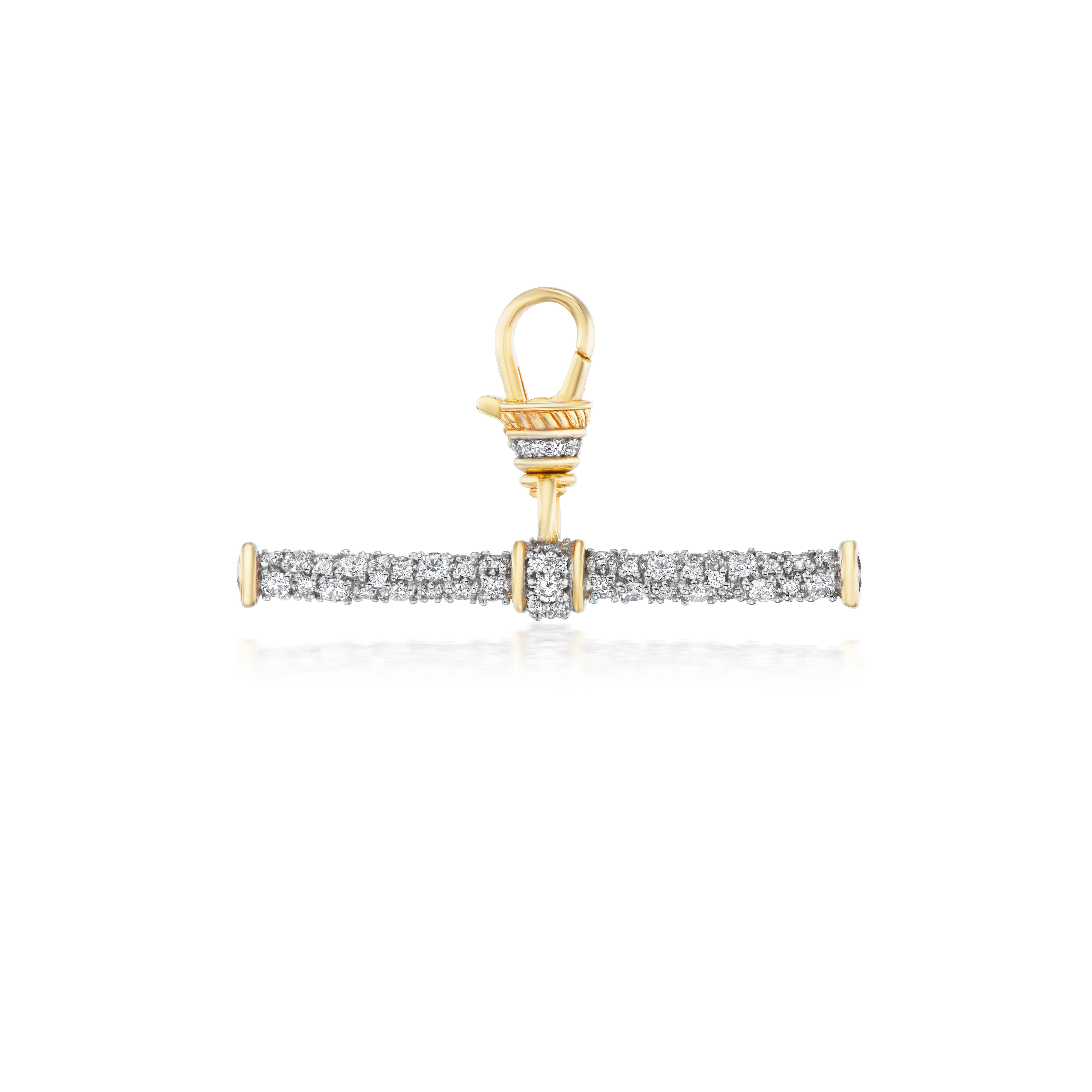 14k yellow gold modern finish diamond and white rhodium t bar Albert chain pendant with lobster claw bale by LUCY DELIUS Tiny Gods