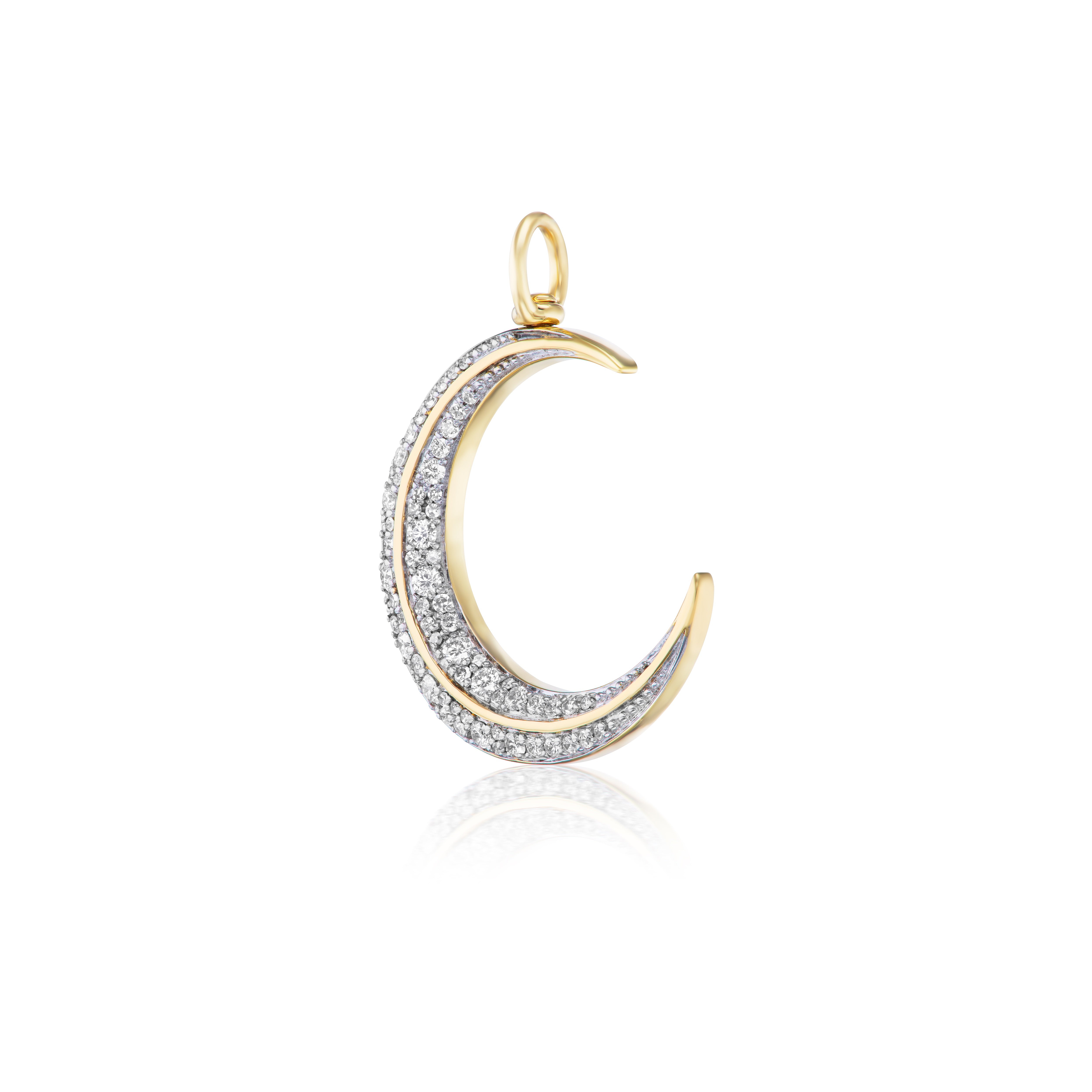 14k yellow gold diamond and white rhodium crescent moon charm pendant by Lucy Delius Tiny Gods