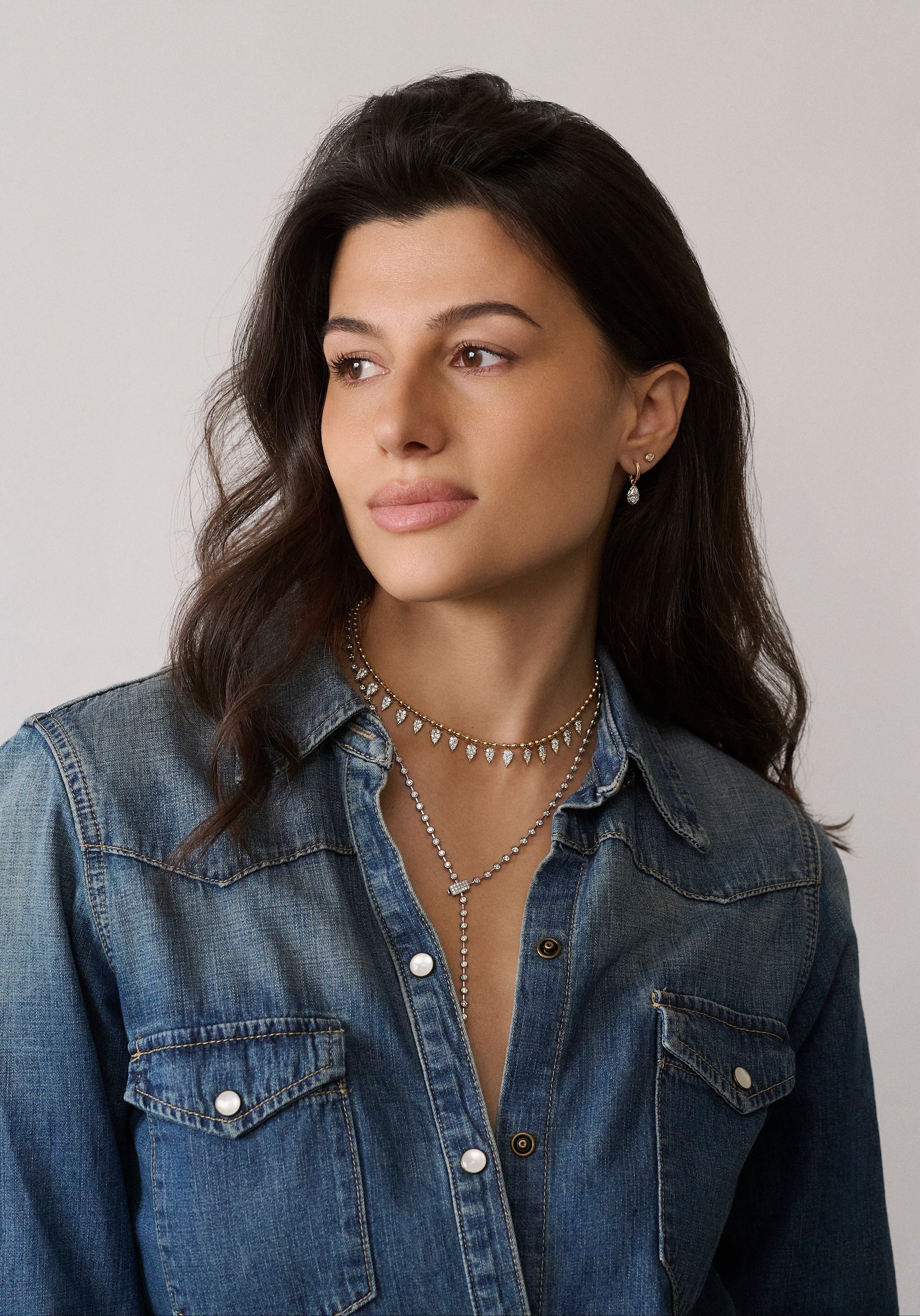 18k white gold diamond bezel lariat wire adjustable long 30" 31" necklace Tiny Gods 