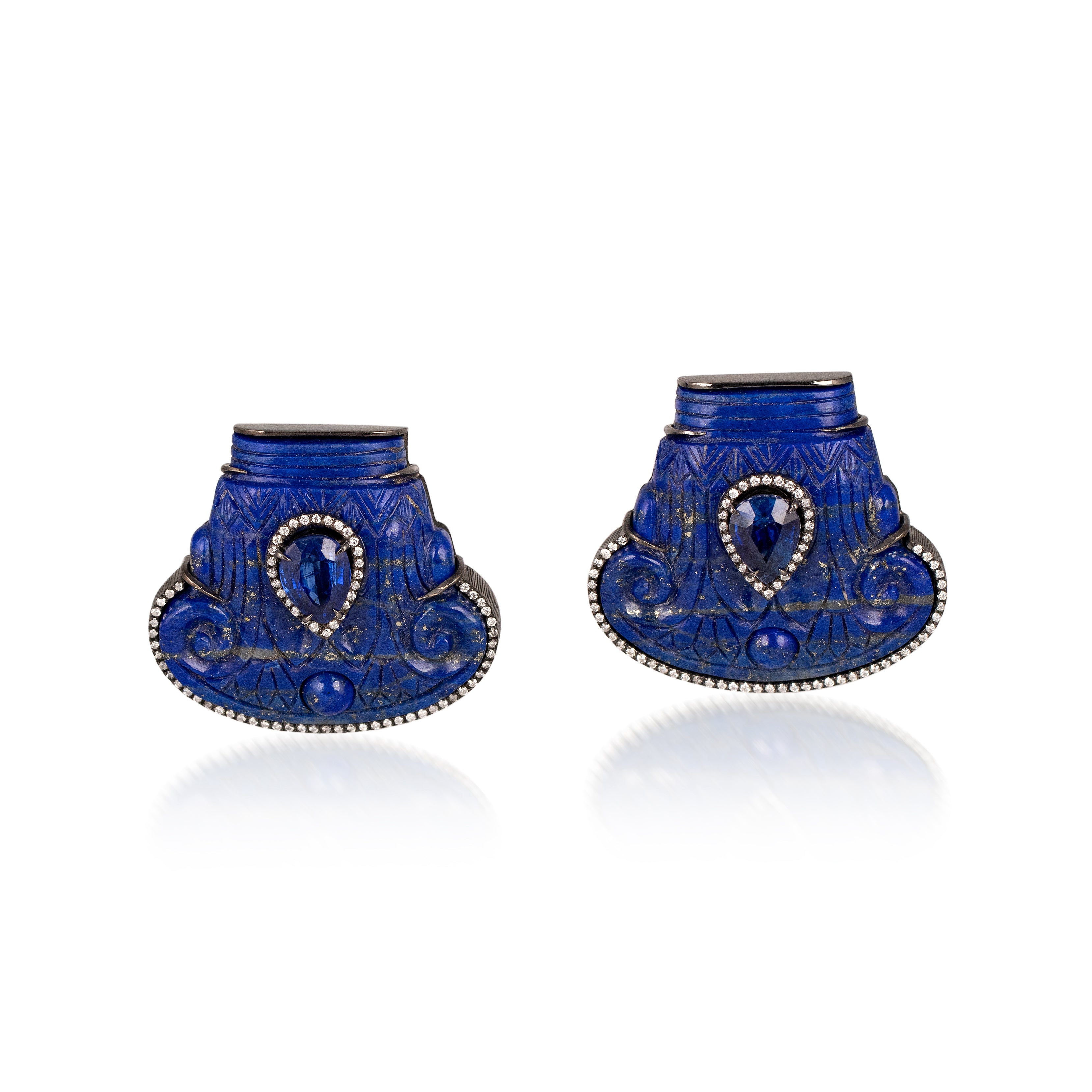 18k white gold diamond and kyanite lapis lazuli Egyptian column earrings by Silvia Furmanovich Tiny Gods 