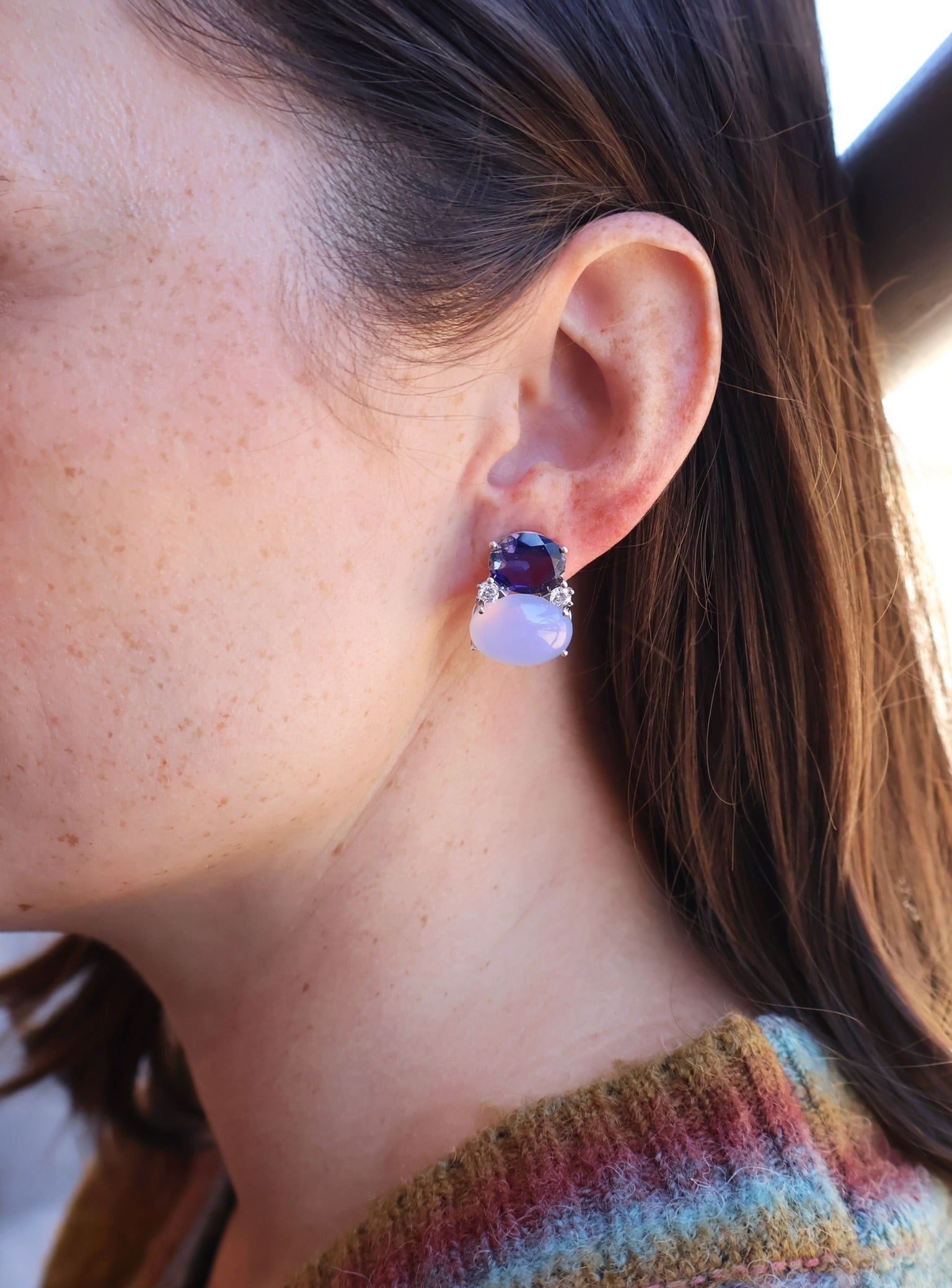 19k white gold two stone setting purple iolite and milky blue chalcedony diamond earrings Tiny Gods 