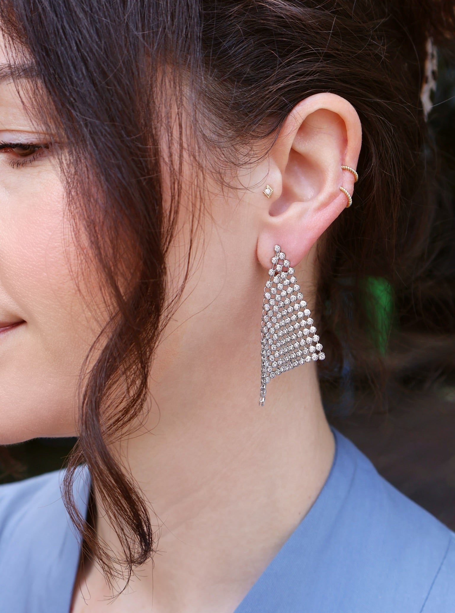 18k white gold diamond mesh scarf earrings by Tiny Gods