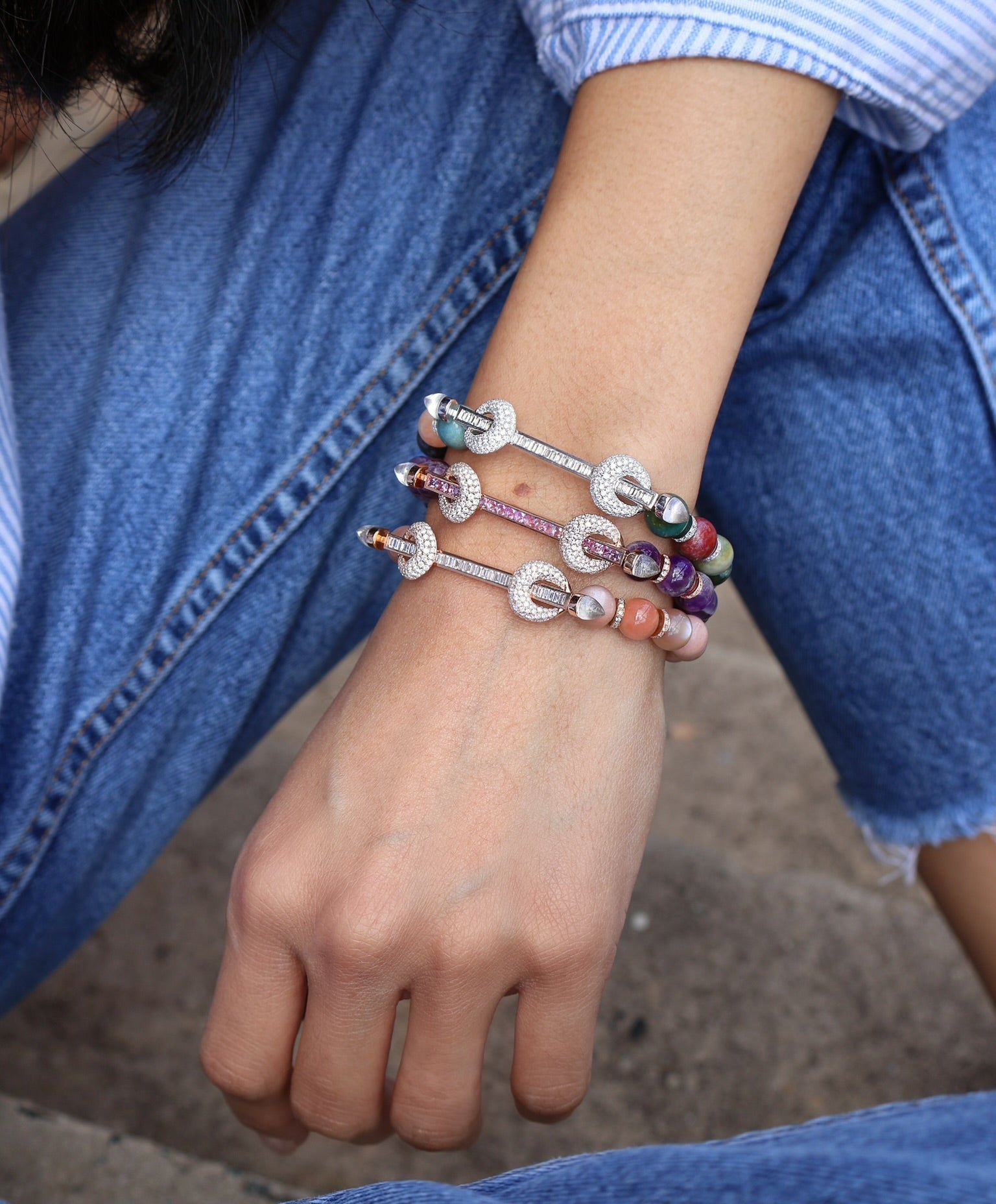 18k white gold and multi colored agate breaded chakra bracelet with diamond baguette bar and diamond loops by Ananya Tiny Gods 