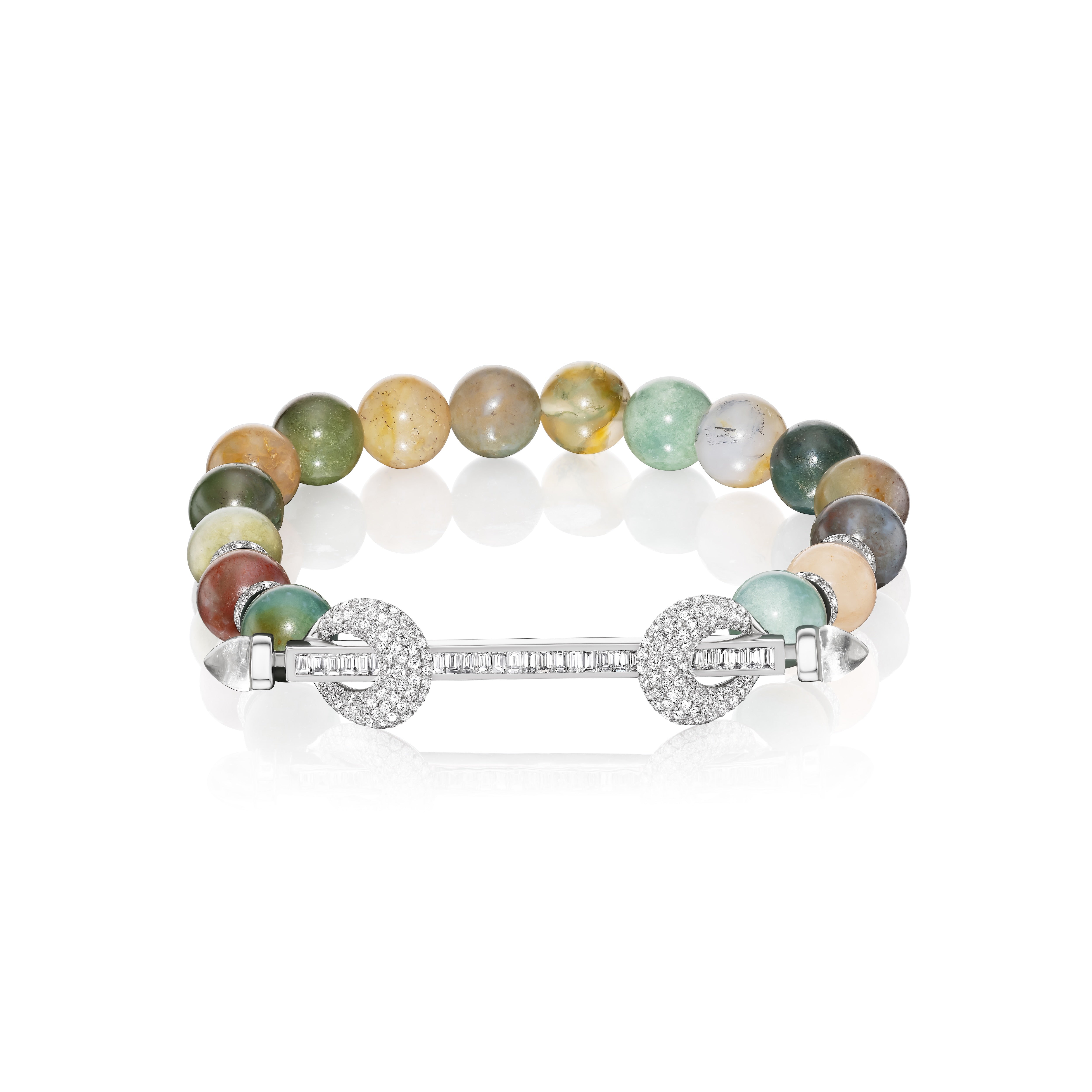 18k white gold and multi colored agate breaded chakra bracelet with diamond baguette bar and diamond loops by Ananya Tiny Gods 