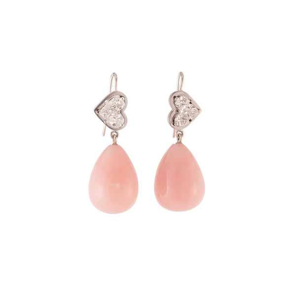 18k white gold mosaic diamond heart earrings with pink opal bulbs drops by Sylva & Cie Tiny Gods