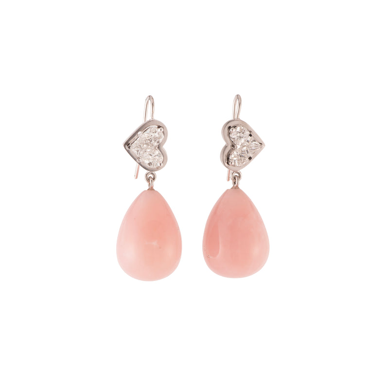 18k white gold mosaic diamond heart earrings with pink opal bulbs drops by Sylva & Cie Tiny Gods