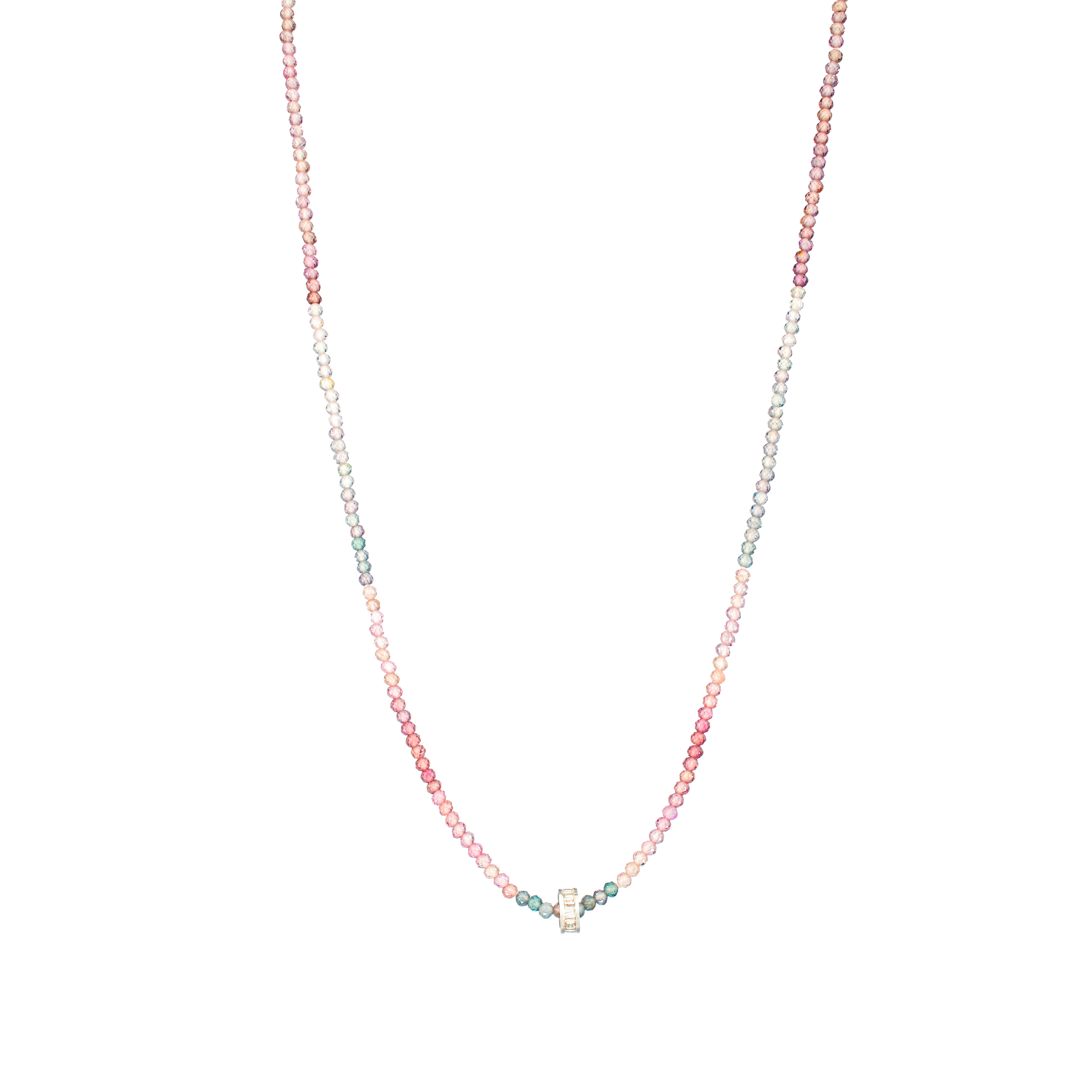 18k white gold diamond baguette roundel bead on a ombre rainbow spinel beaded layering necklace by Guita M Tiny Gods 