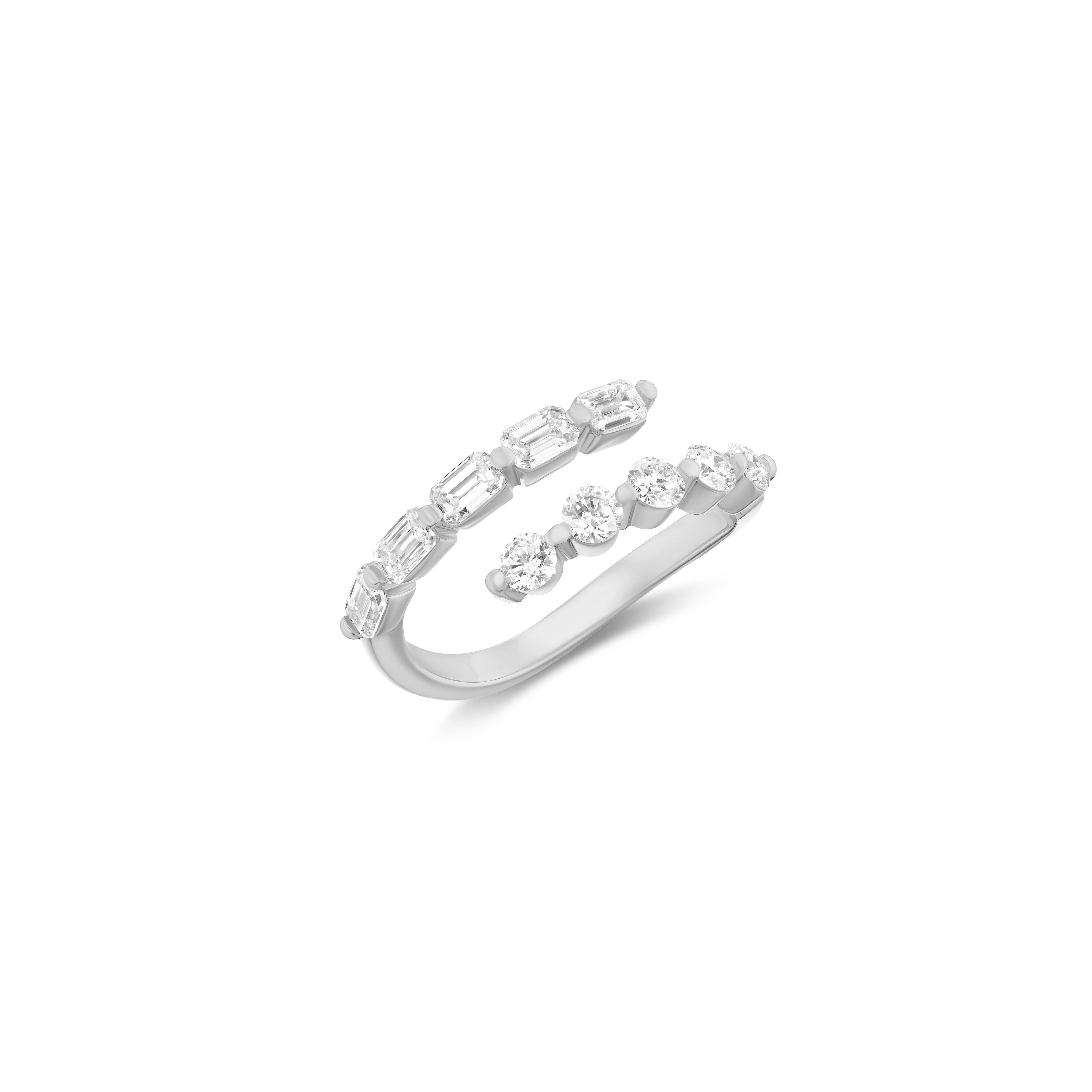 18k white gold by by pass emerald cut and round diamond gap ring Tiny Gods 