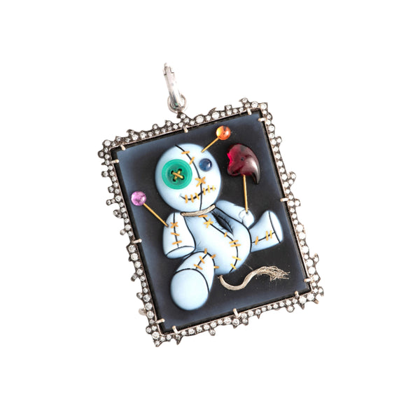 18K White gold you have a spell on me pin cushion voodoo doll carved cameo pendant with chrysoprase button eye and sapphire and garnet pins by Sylva & Cie Tiny Gods