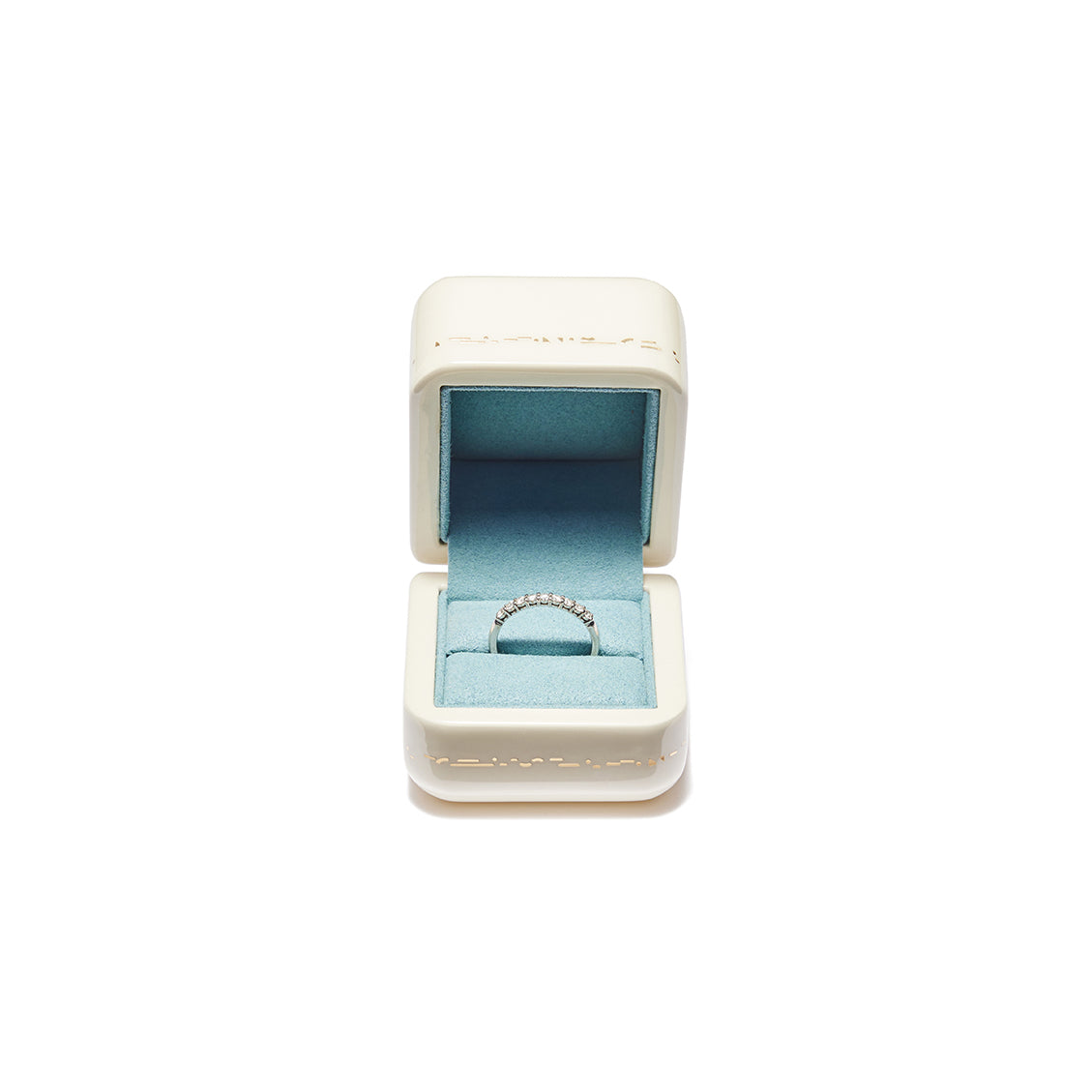 White lacquer with baby blue microsuede interior gold inlay ring box jewelry by Trove Tiny Gods 