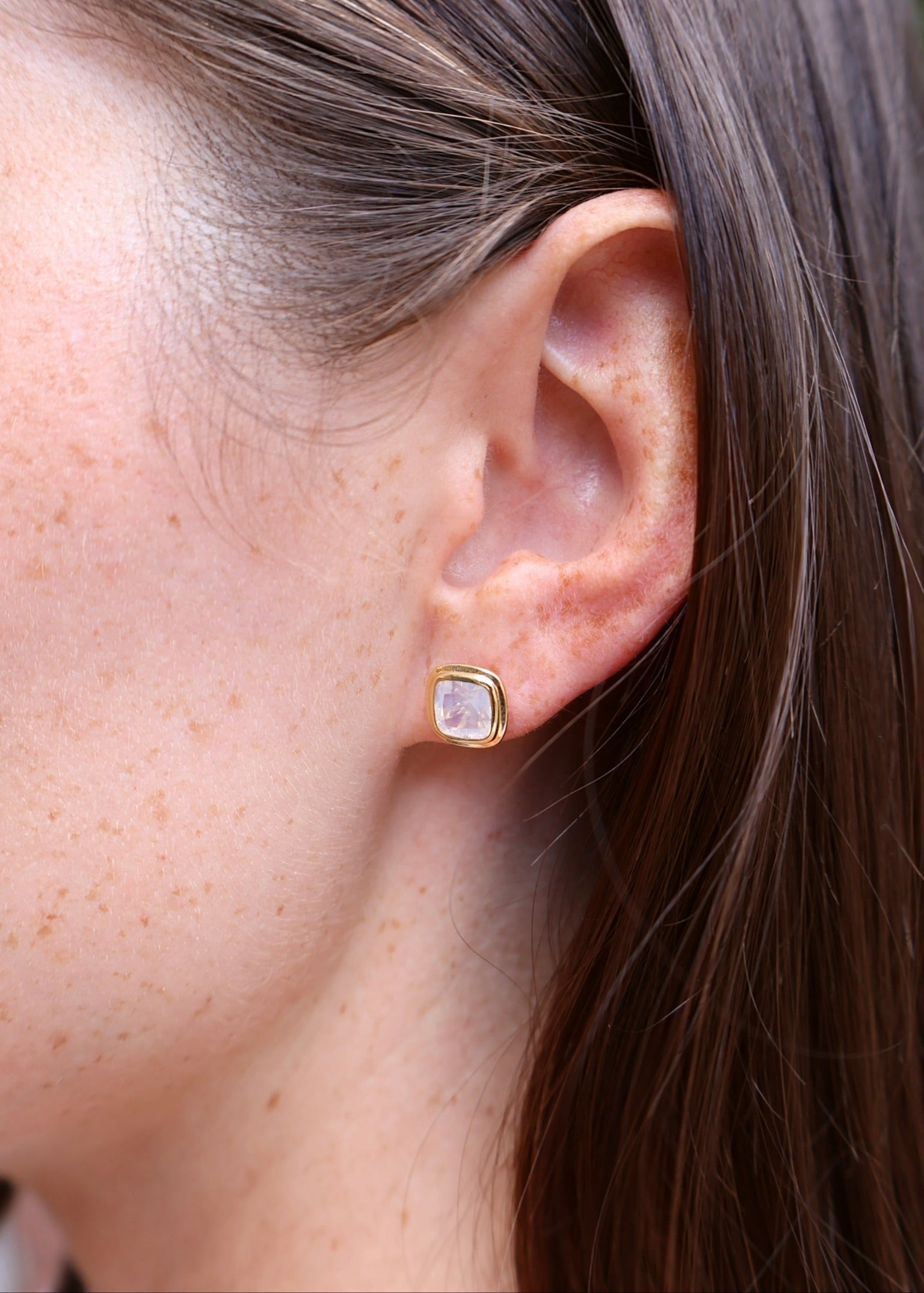 18k yellow gold white moonstone bezel set stud earrings Goshwara Tiny Gods 