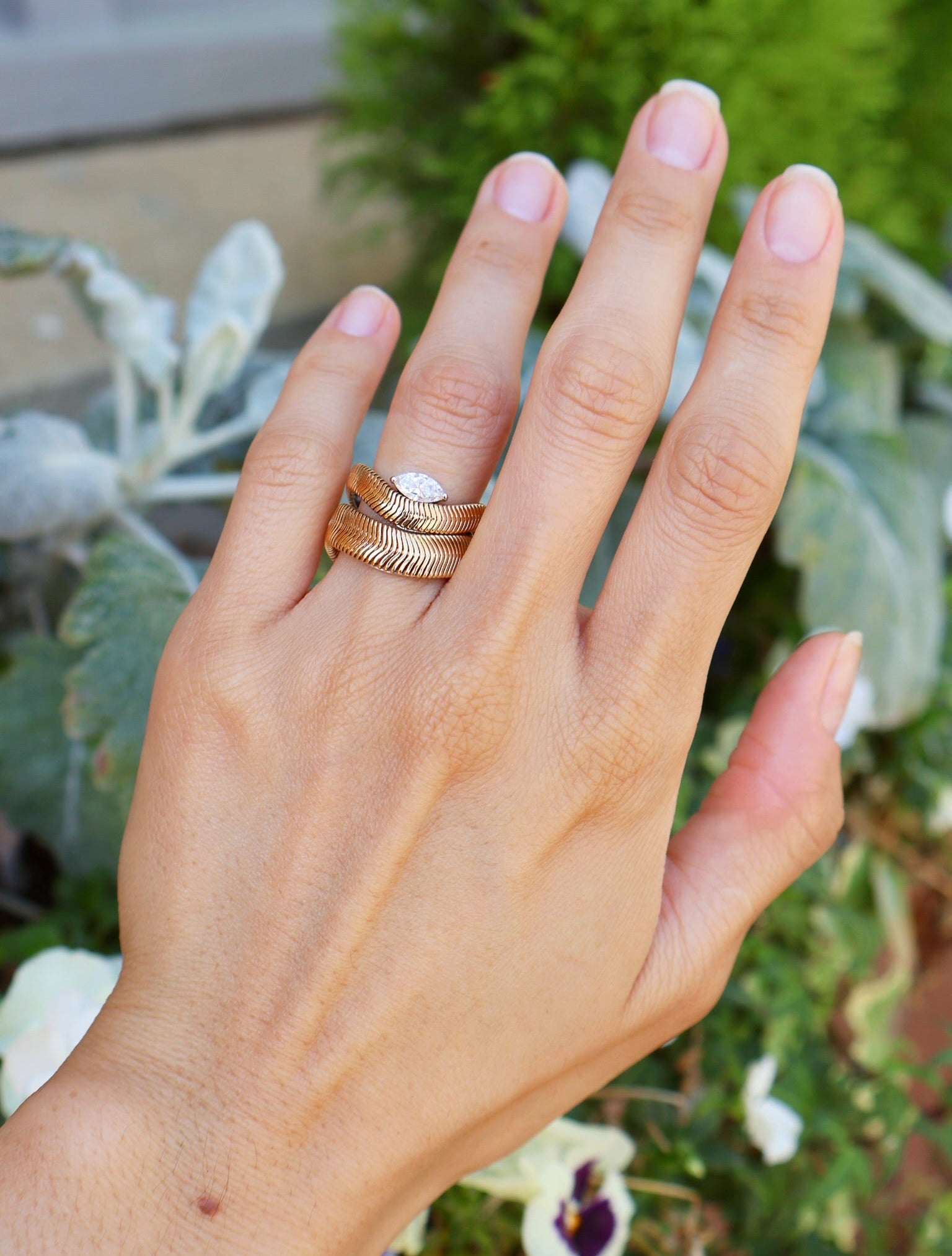 18k yellow gold wide snake chain feelings band ring by Nikos Koulis Tiny Gods