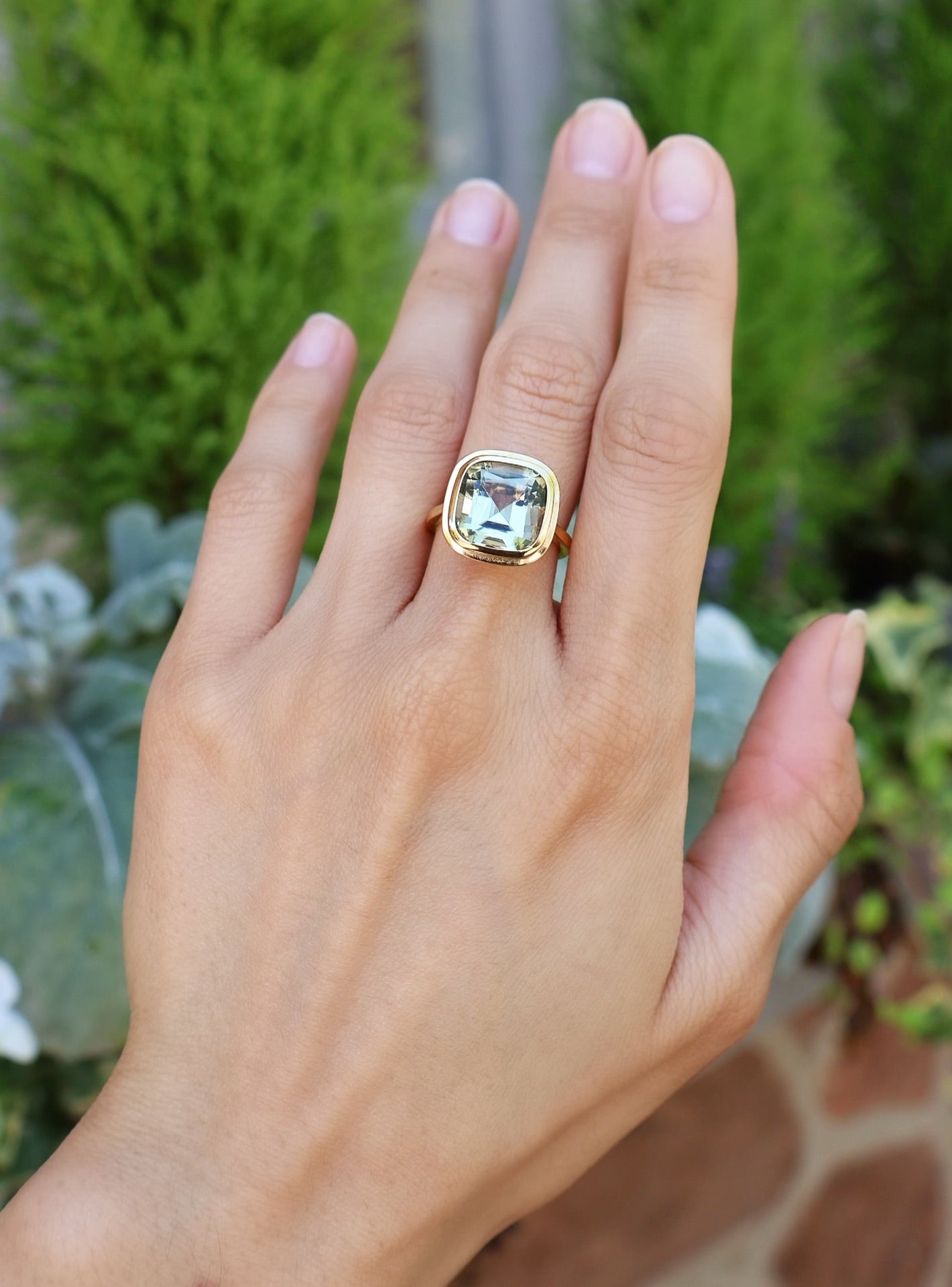 18k yellow gold cushion cut prasiolite ring by Goshwara Tiny Gods 