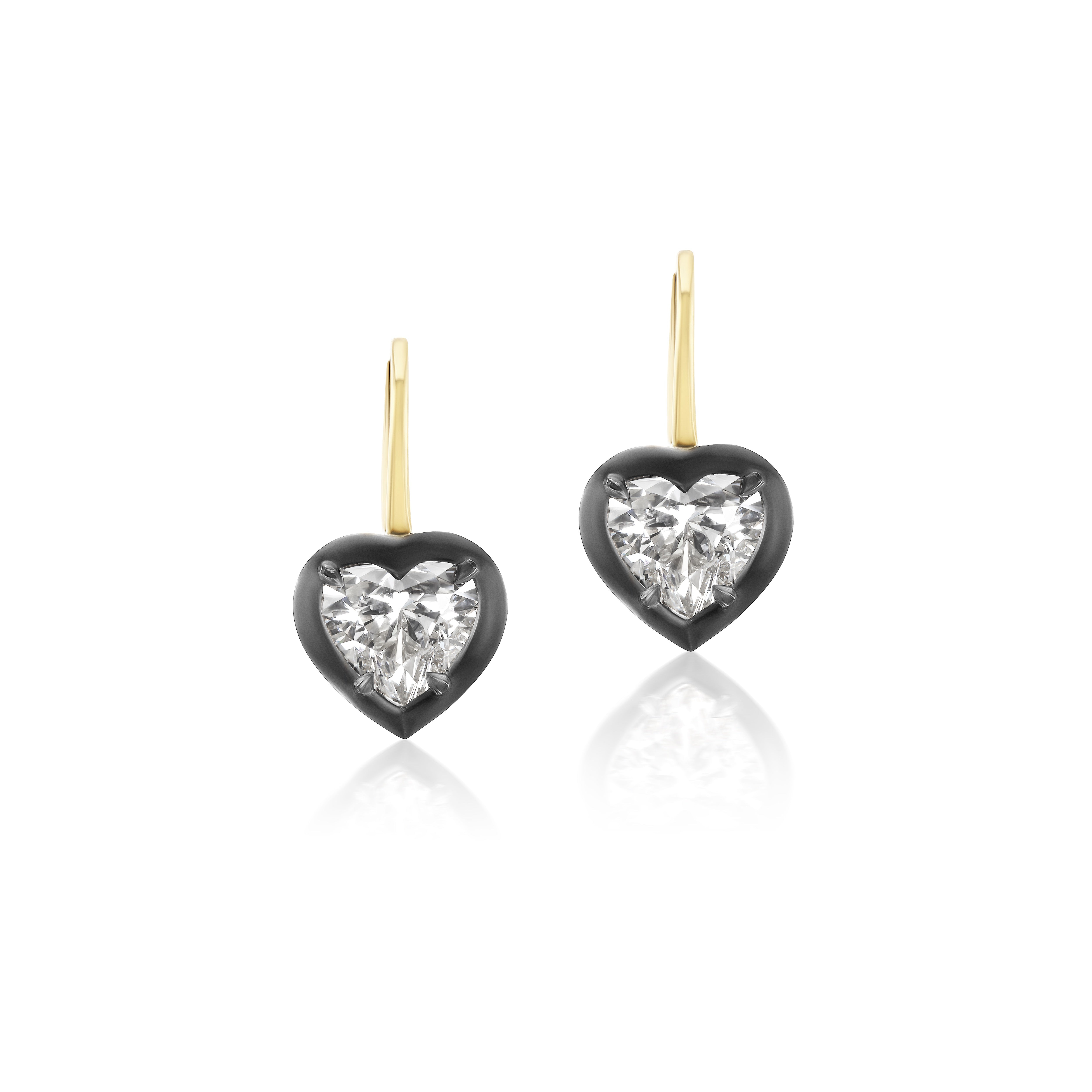 18k yellow gold heart cut diamond earrings with antique black rhodium finish regency style hanging drop earrings Tiny Gods  
