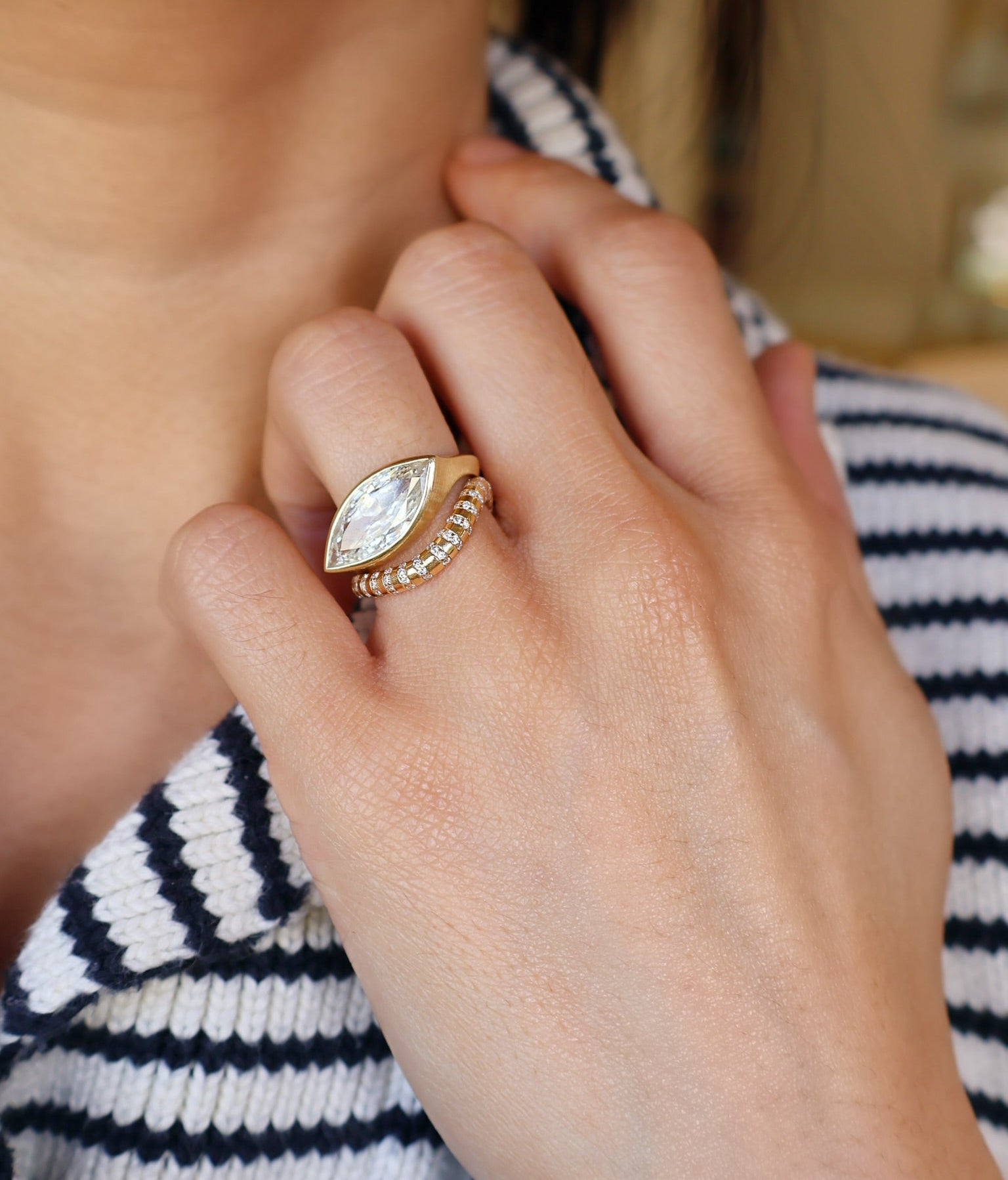 18k yellow gold matt satin finished bezel set 3 ct vintage marquise diamond ring Tiny Gods 