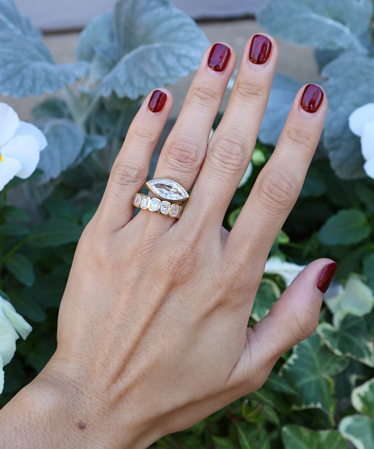 18k yellow gold matt satin finished bezel set 3 ct vintage marquise diamond ring Tiny Gods 