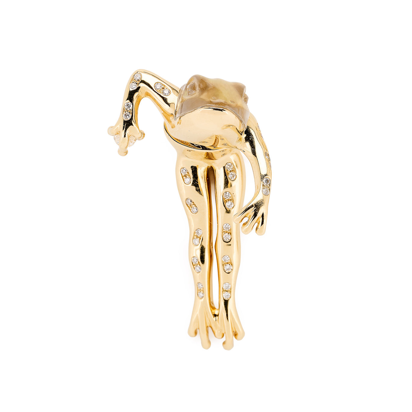 18k yellow gold diamond and crystal carved abalone hanging leaping frog stud earring by Bibi van der Velden Tiny Gods 