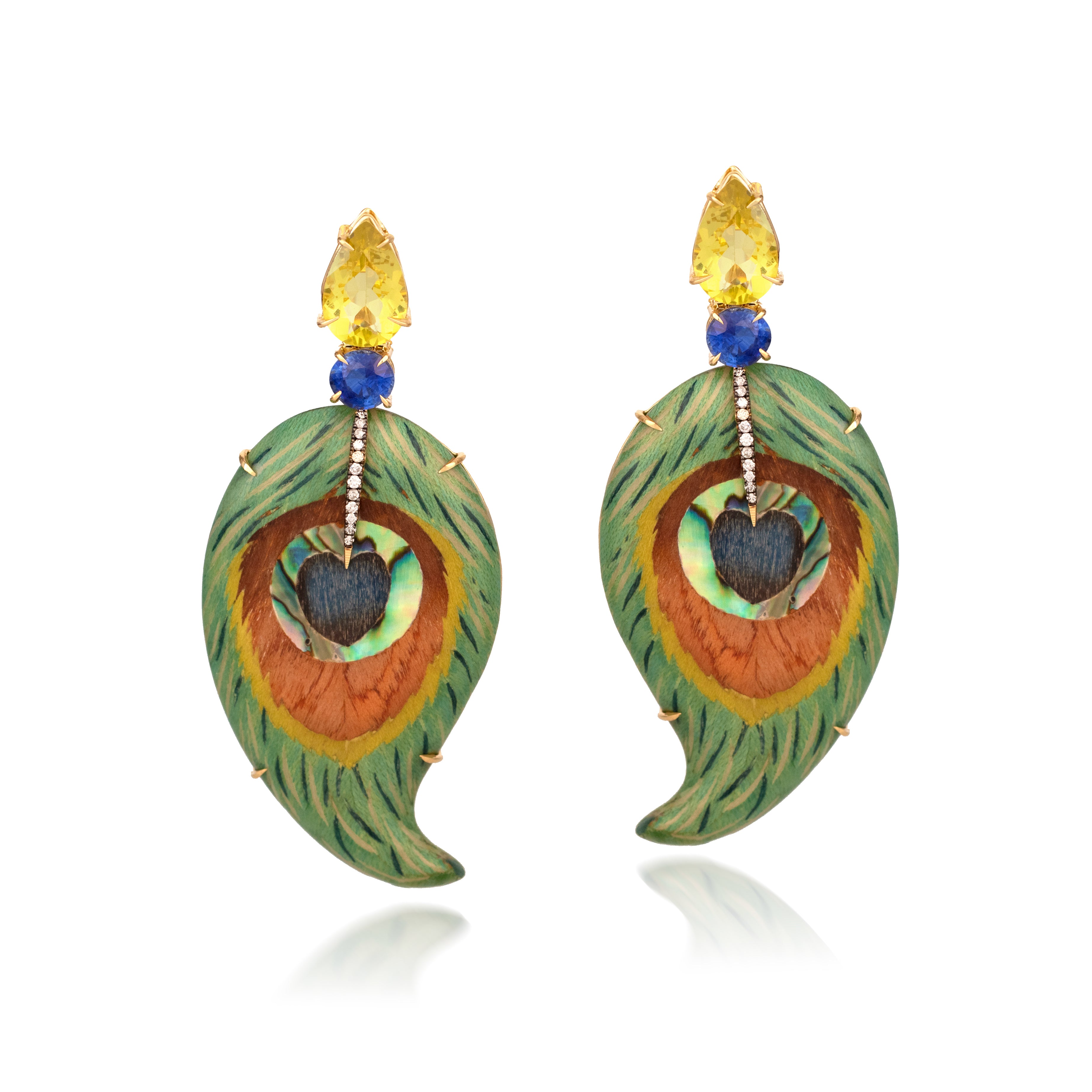 yellow gold abalone inlay peacock feather maquetry earrings silvia furmanovich tiny gods