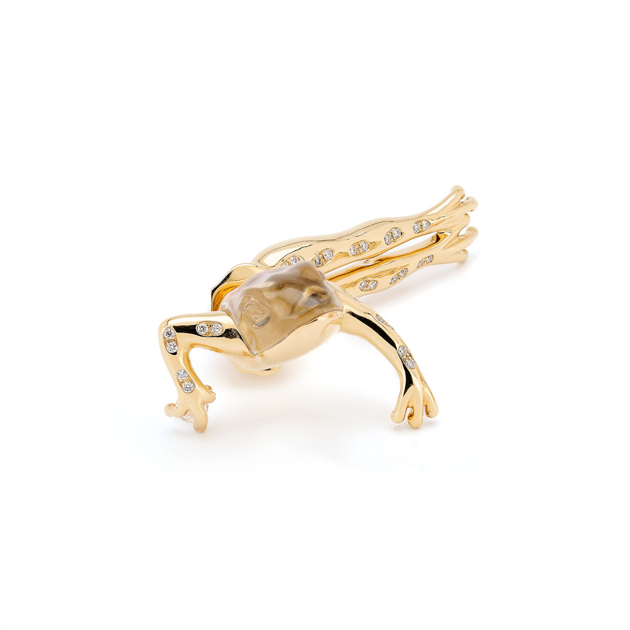 18k yellow gold diamond and crystal carved abalone hanging leaping frog stud earring by Bibi van der Velden Tiny Gods 