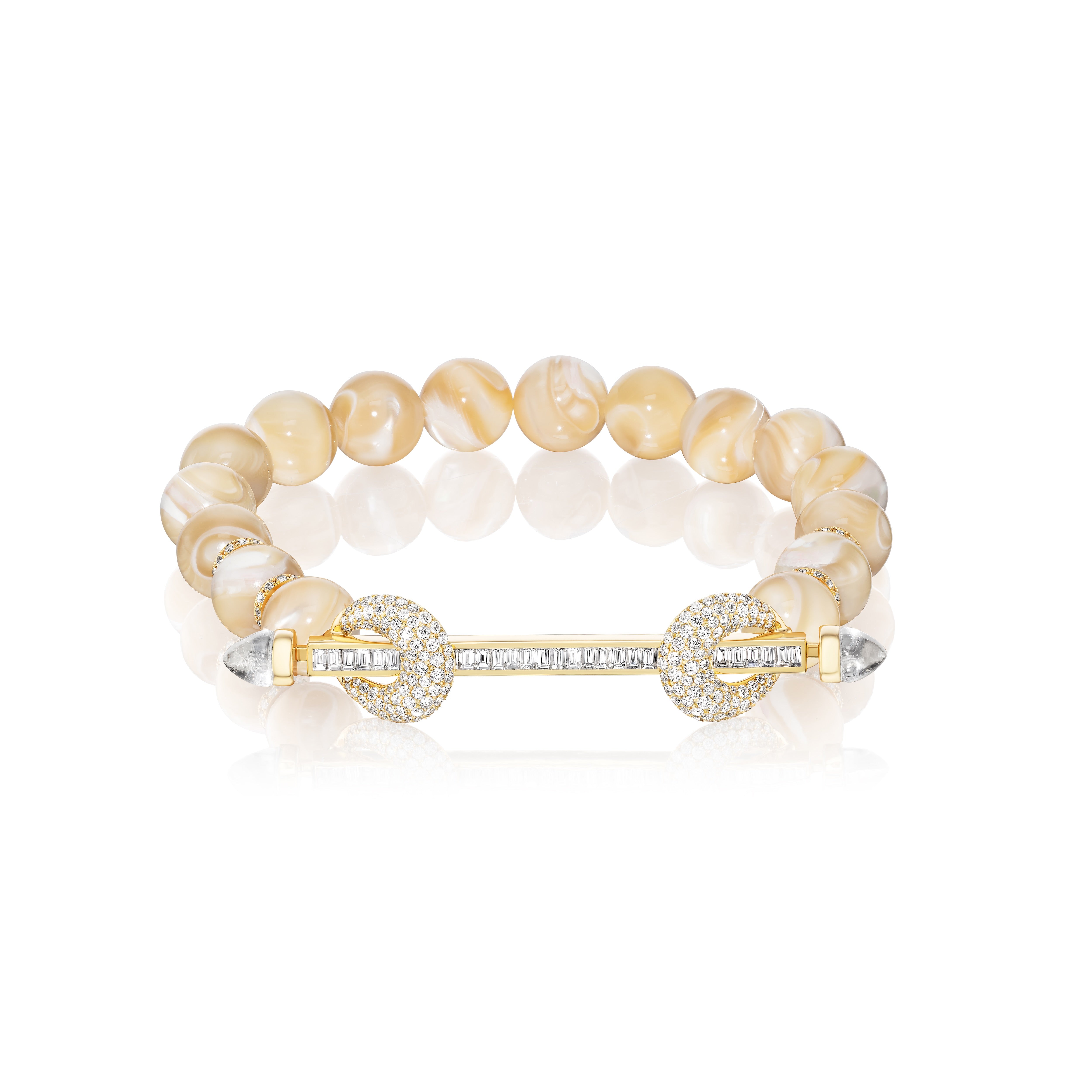 18k yellow gold amber mother of pearl beaded chakra with diamond baguette bar and diamond loops bracelet by Ananya Tiny Gods 