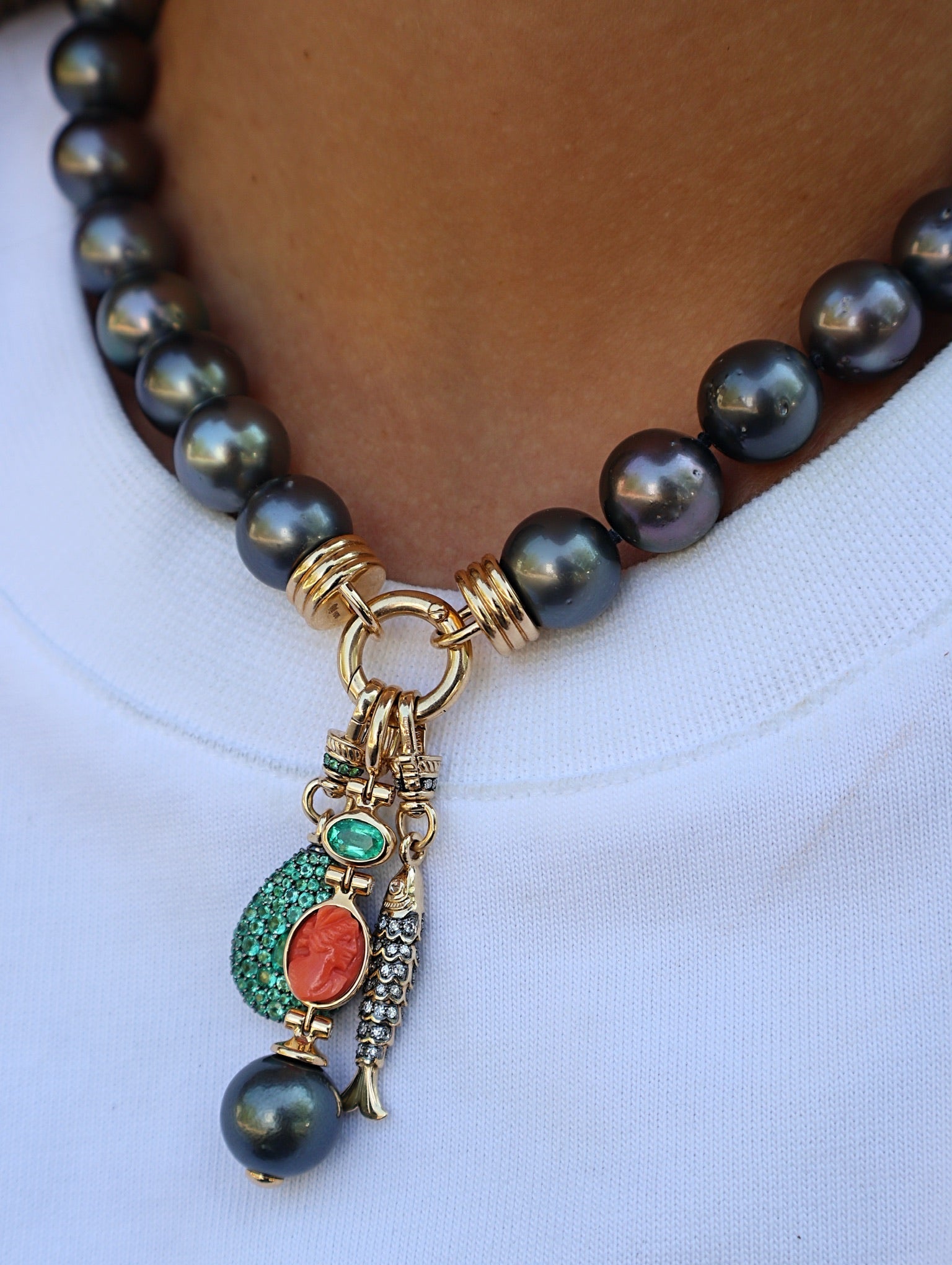 18k yellow gold one of a kind Tahitian grey pearl ancla choker necklace by Beck Tiny Gods 