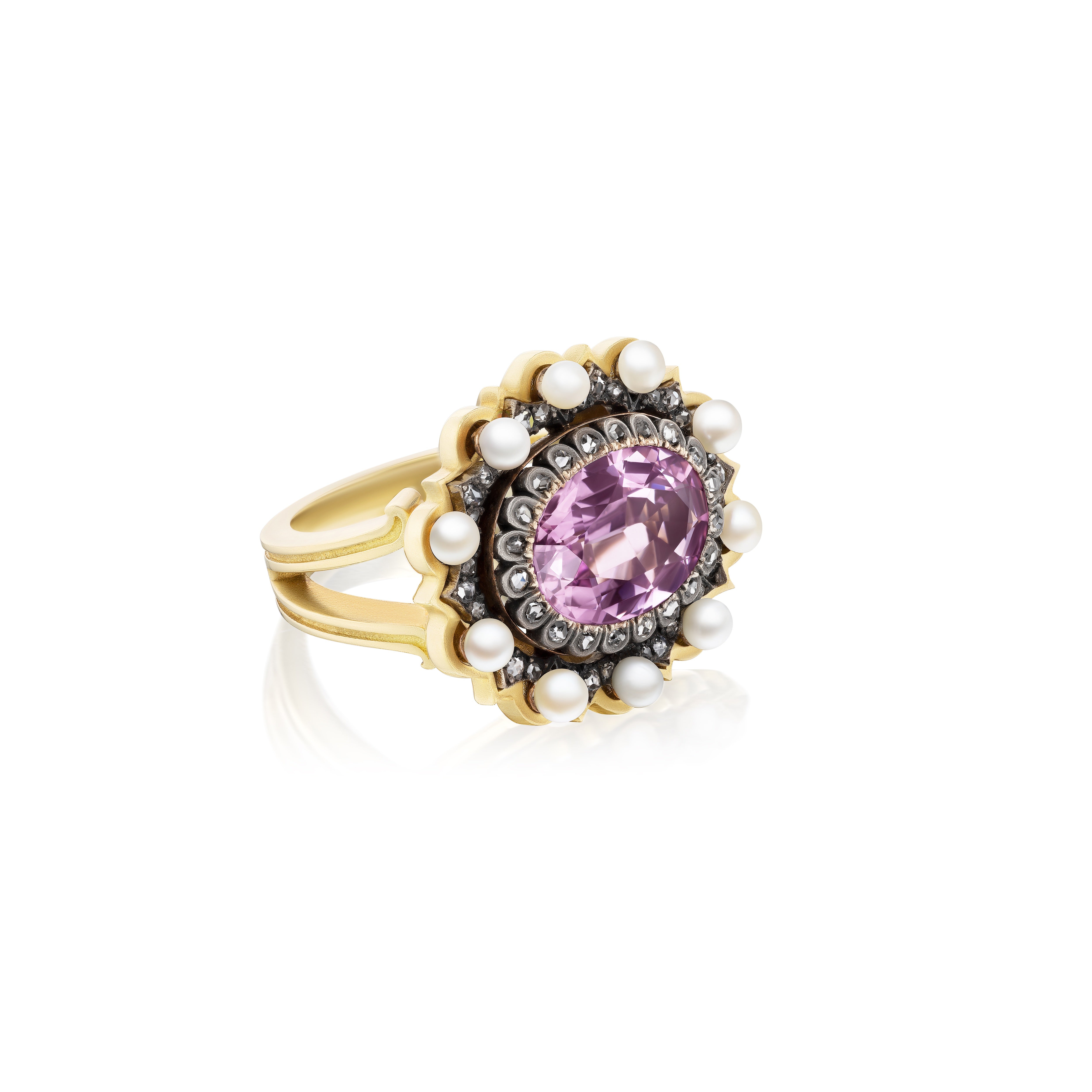 18k yellow gold pink topaz antique Georgian style diamond and seed pearl bead ring by Sylva & Cie Tiny Gods 