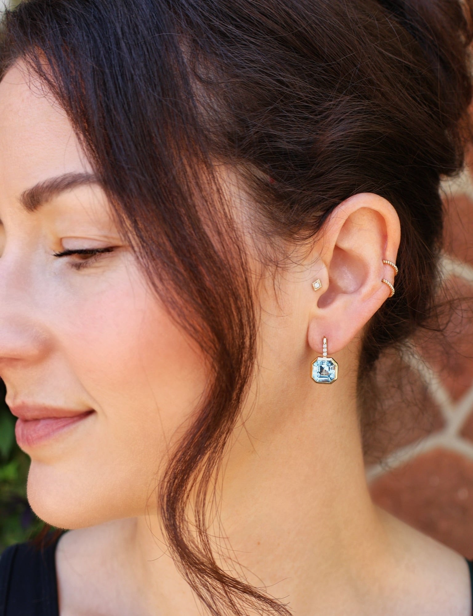 18k below gold asscher cut blue topaz diamond dangle earrings on French wire by Goshwara Tiny Gods 