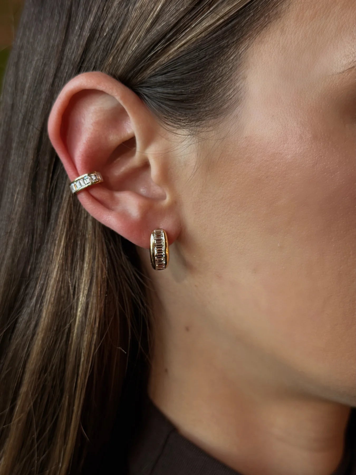 18k yellow gold baguette diamond clara huggie earrings by Anita Ko Tiny Gods