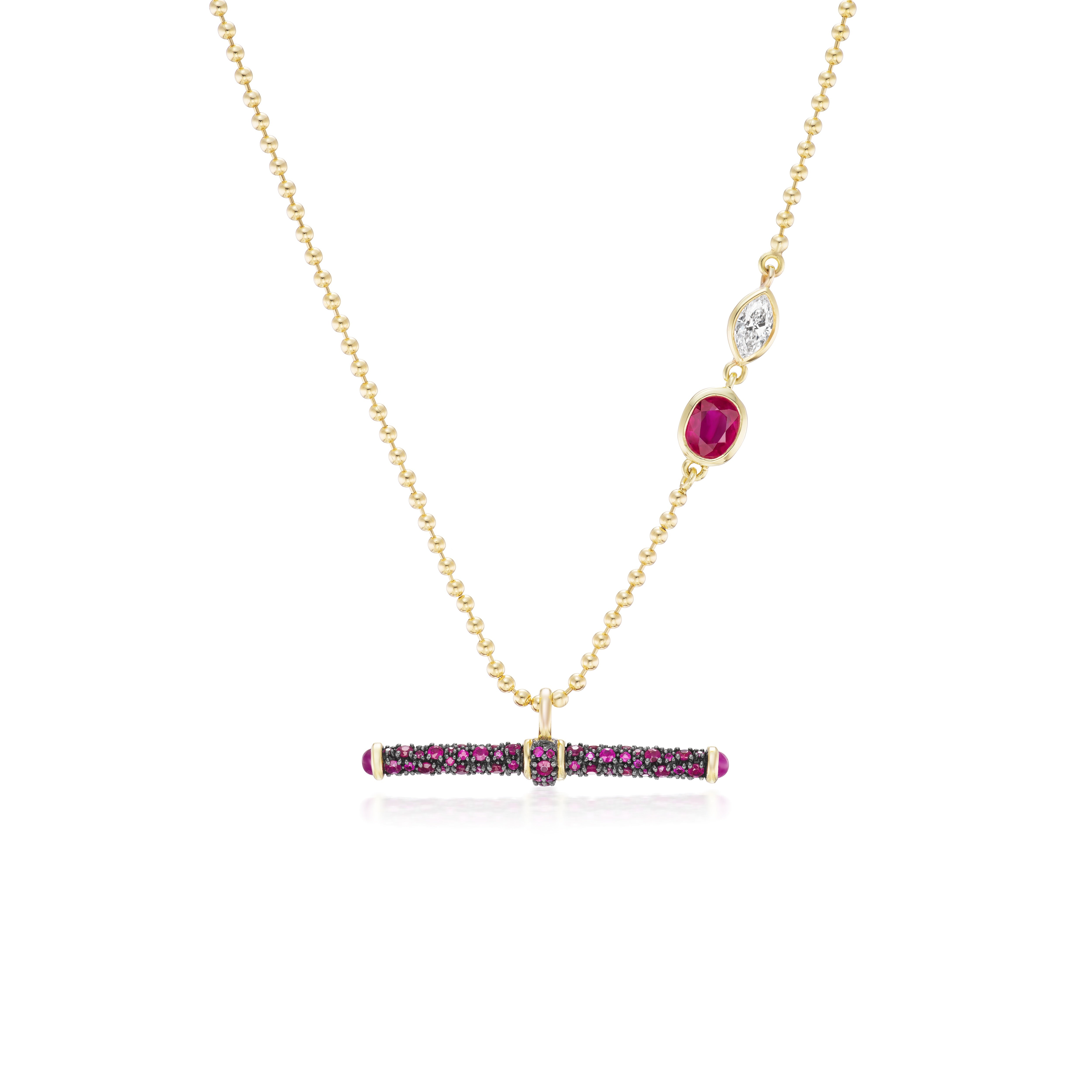 14k yellow gold diamond marquis and oval ruby ball chain necklace with t bar pendant Tiny Gods 