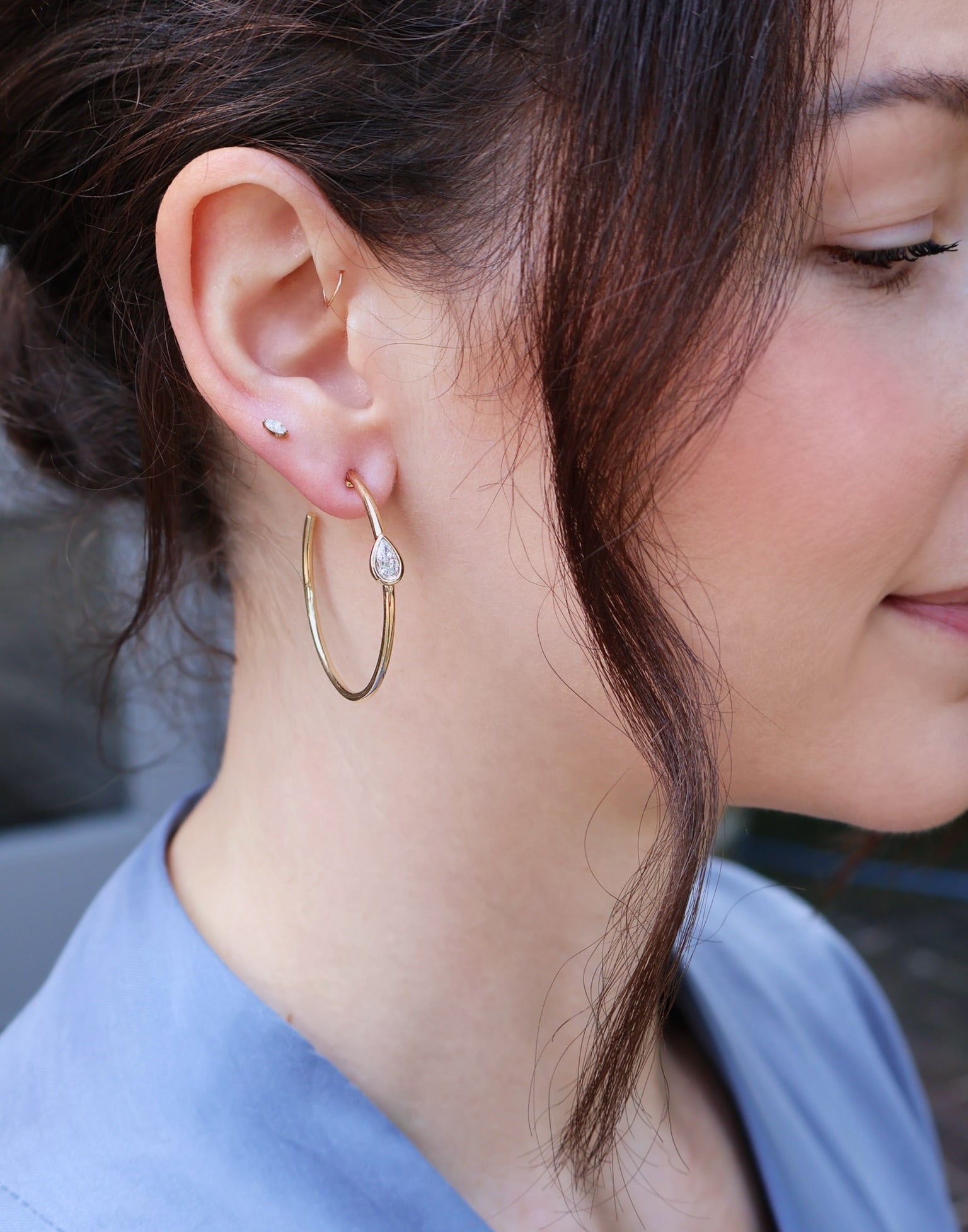 yellow gld bezel pear diamond hoop earrings tiny gods